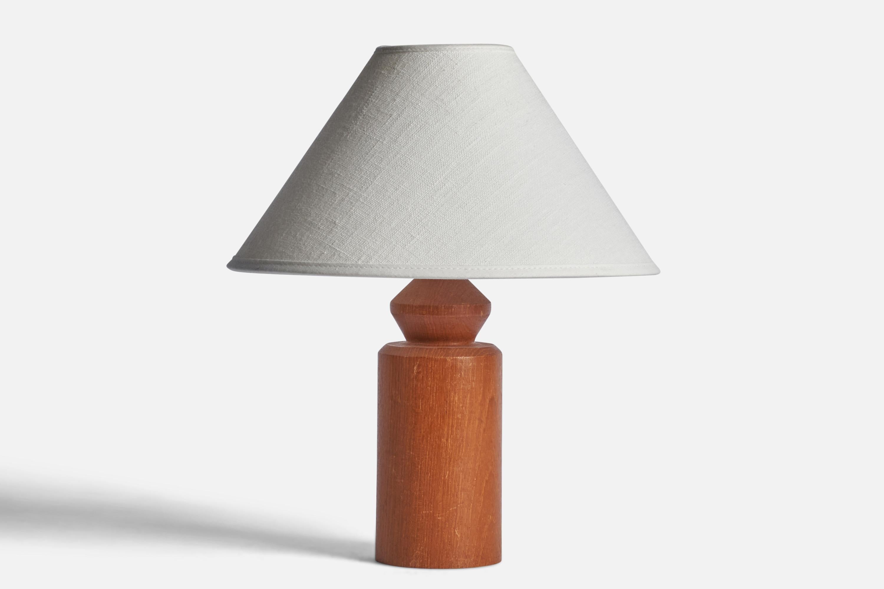 An oak table lamp designed and produced in Sweden, c. 1960s.

Dimensions of Lamp (inches): 9.15” H x 3” Diameter
Dimensions of Shade (inches): 2.5” Top Diameter x 10” Bottom Diameter x 5.5