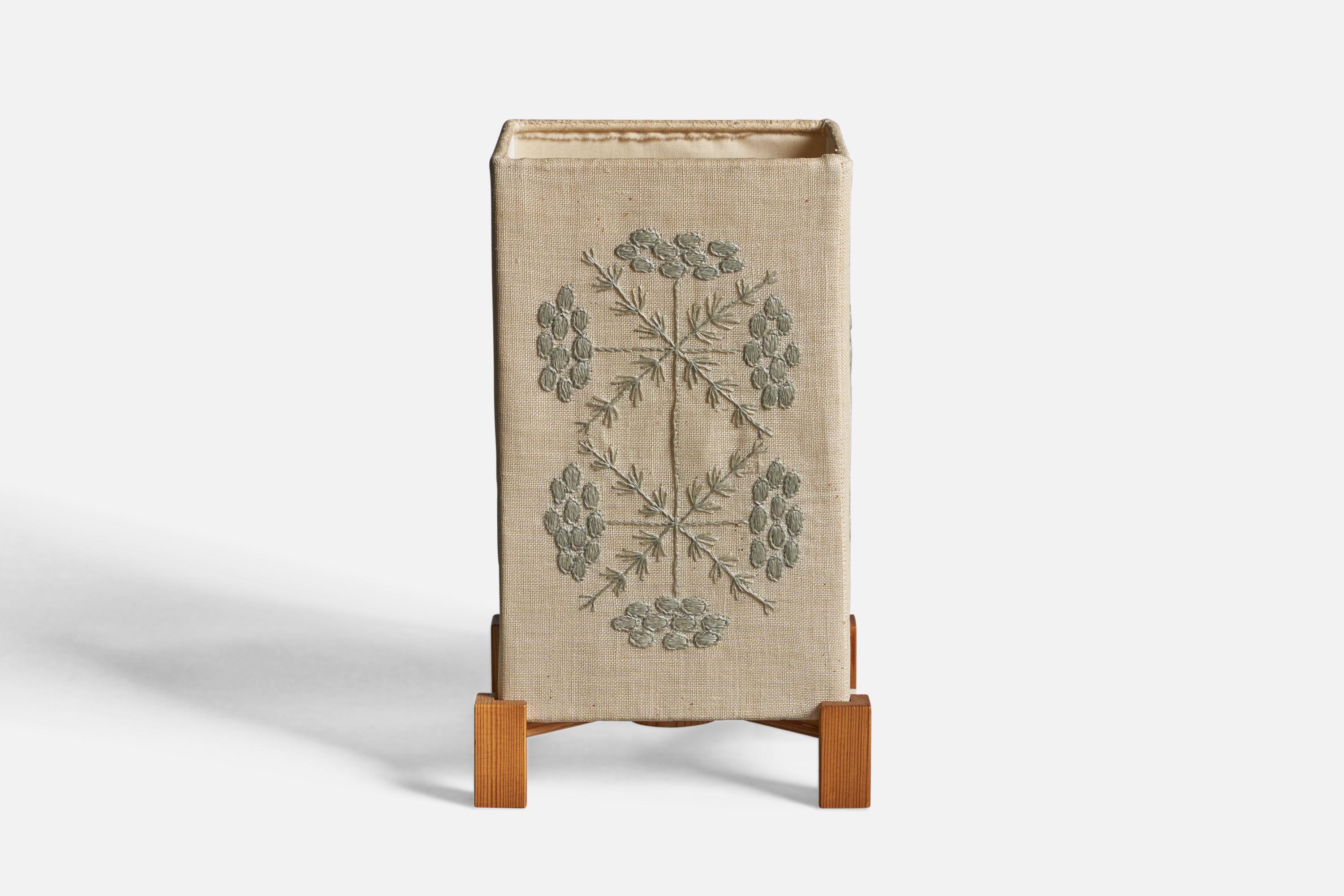Mid-Century Modern Swedish Designer, Table Lamp, Pine, Embroidery Fabric, Sweden, 1960s