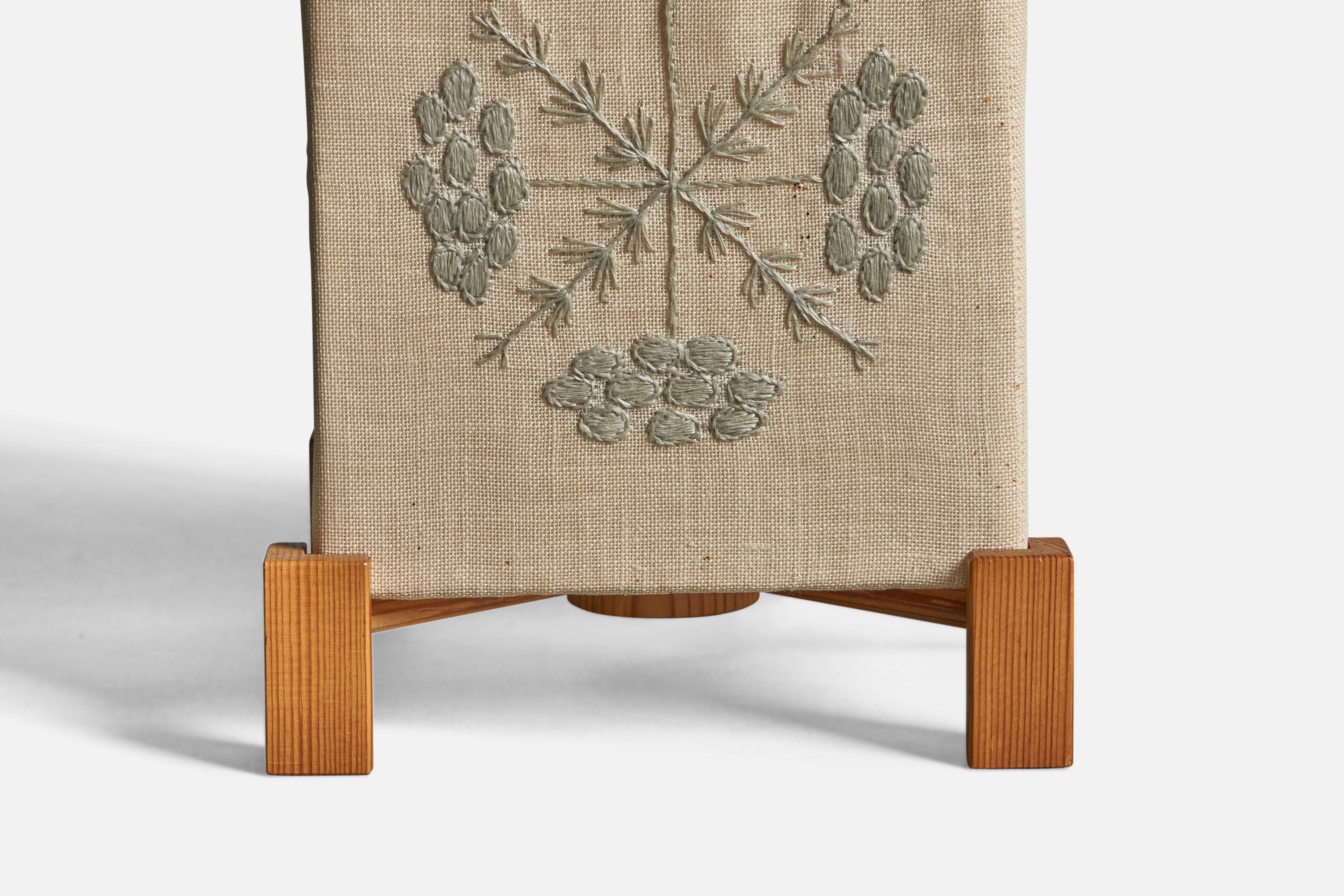 Mid-20th Century Swedish Designer, Table Lamp, Pine, Embroidery Fabric, Sweden, 1960s
