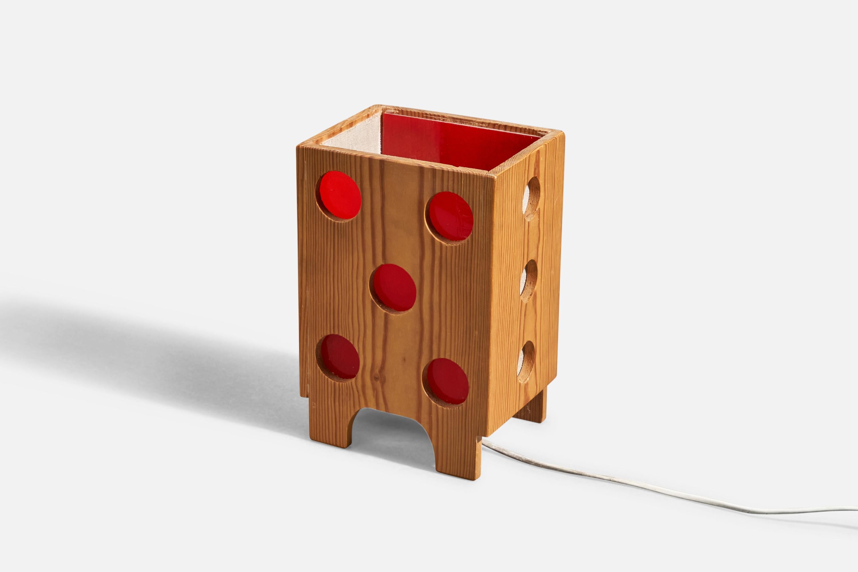 Swedish Designer, Table Lamp, Pine, Fabric, Red Paper, Sweden, 1970s In Good Condition For Sale In High Point, NC
