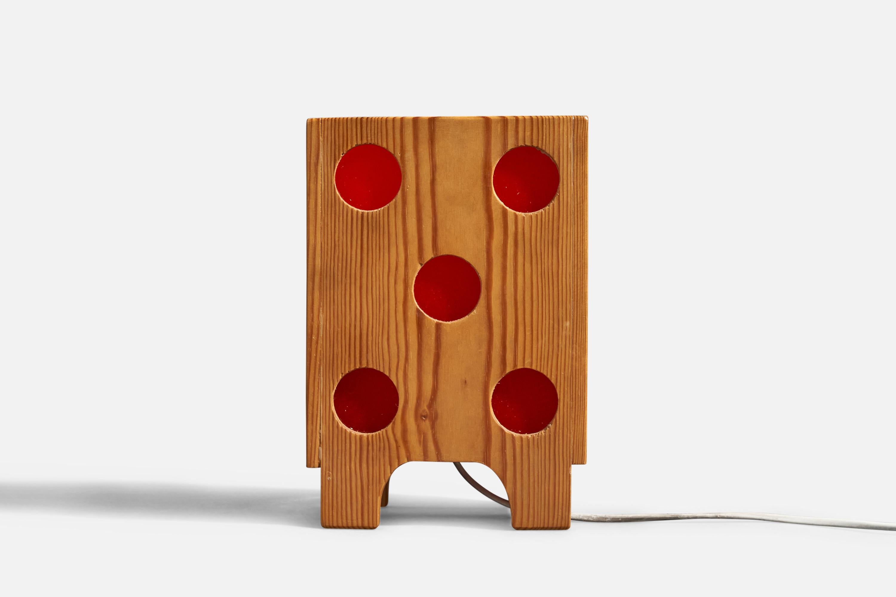 Late 20th Century Swedish Designer, Table Lamp, Pine, Fabric, Red Paper, Sweden, 1970s For Sale