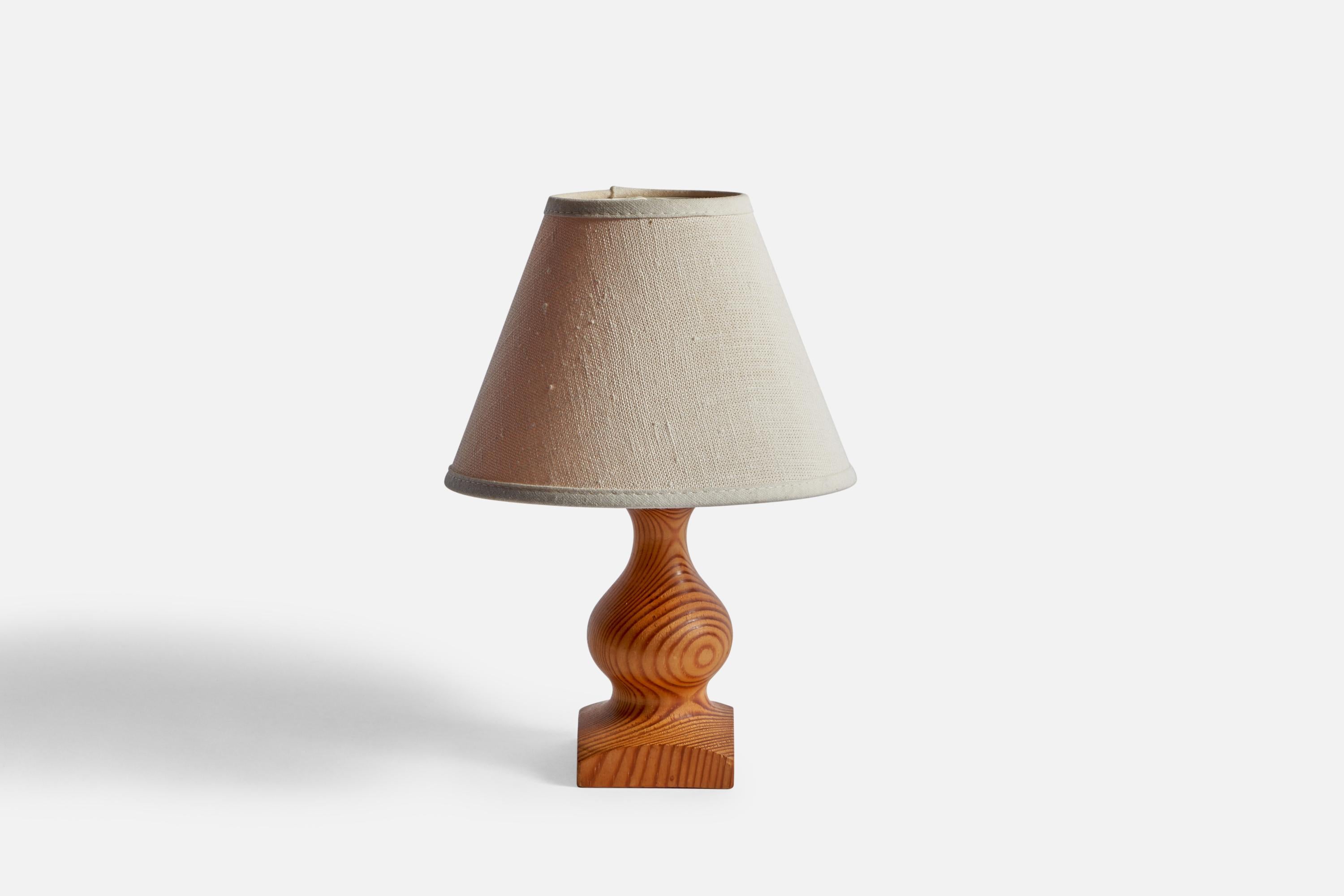 A pine and off-white fabric table lamp designed and produced in Sweden, 1970s.

Overall Dimensions (inches): 9.5” H x 6.75” Diameter
Stated dimensions include shade.
Bulb Specifications: E-14 Bulb
Number of Sockets: 1
All lighting will be converted
