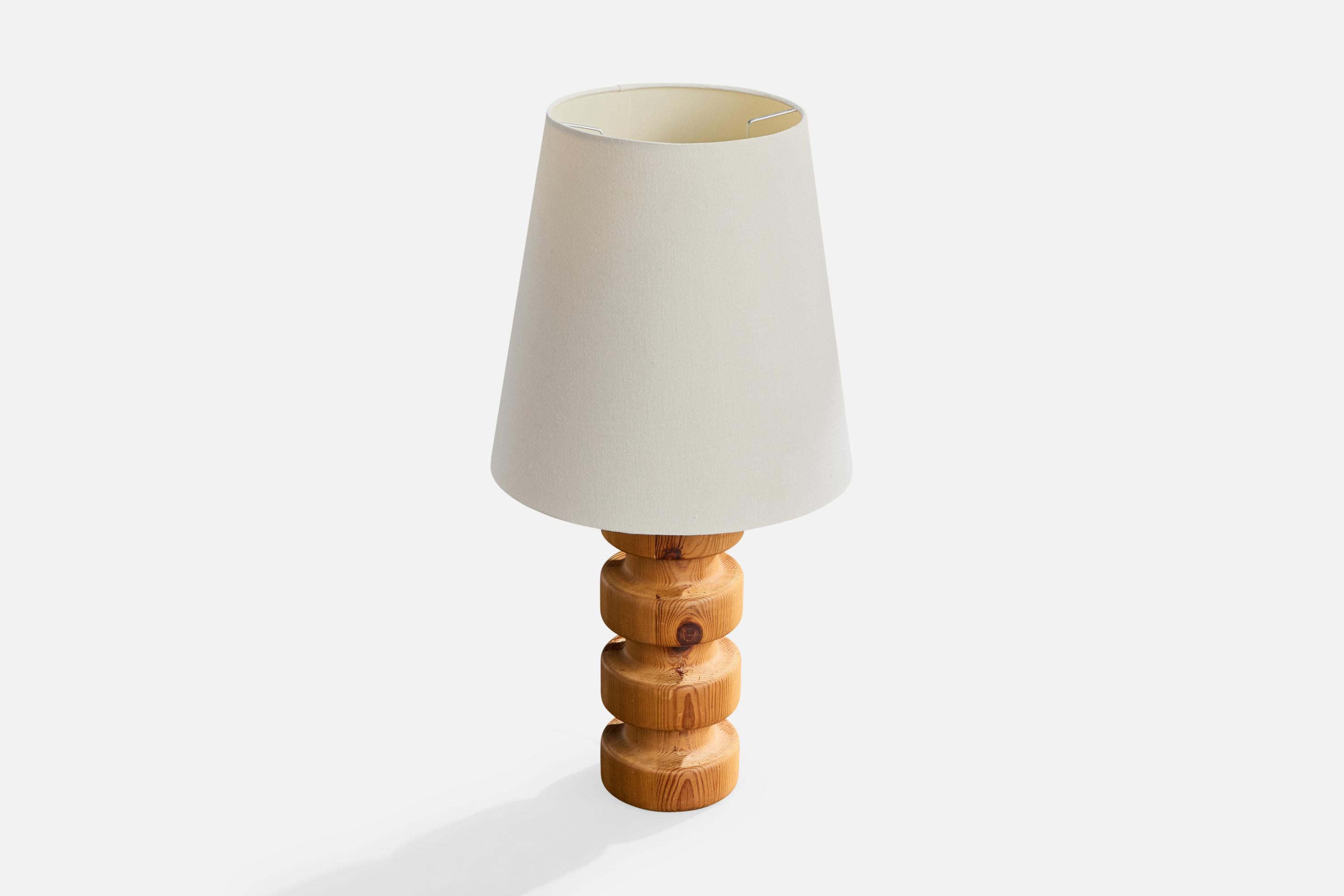 Mid-Century Modern Swedish Designer, Table Lamp, Pine, Fabric, Sweden, 1970s For Sale