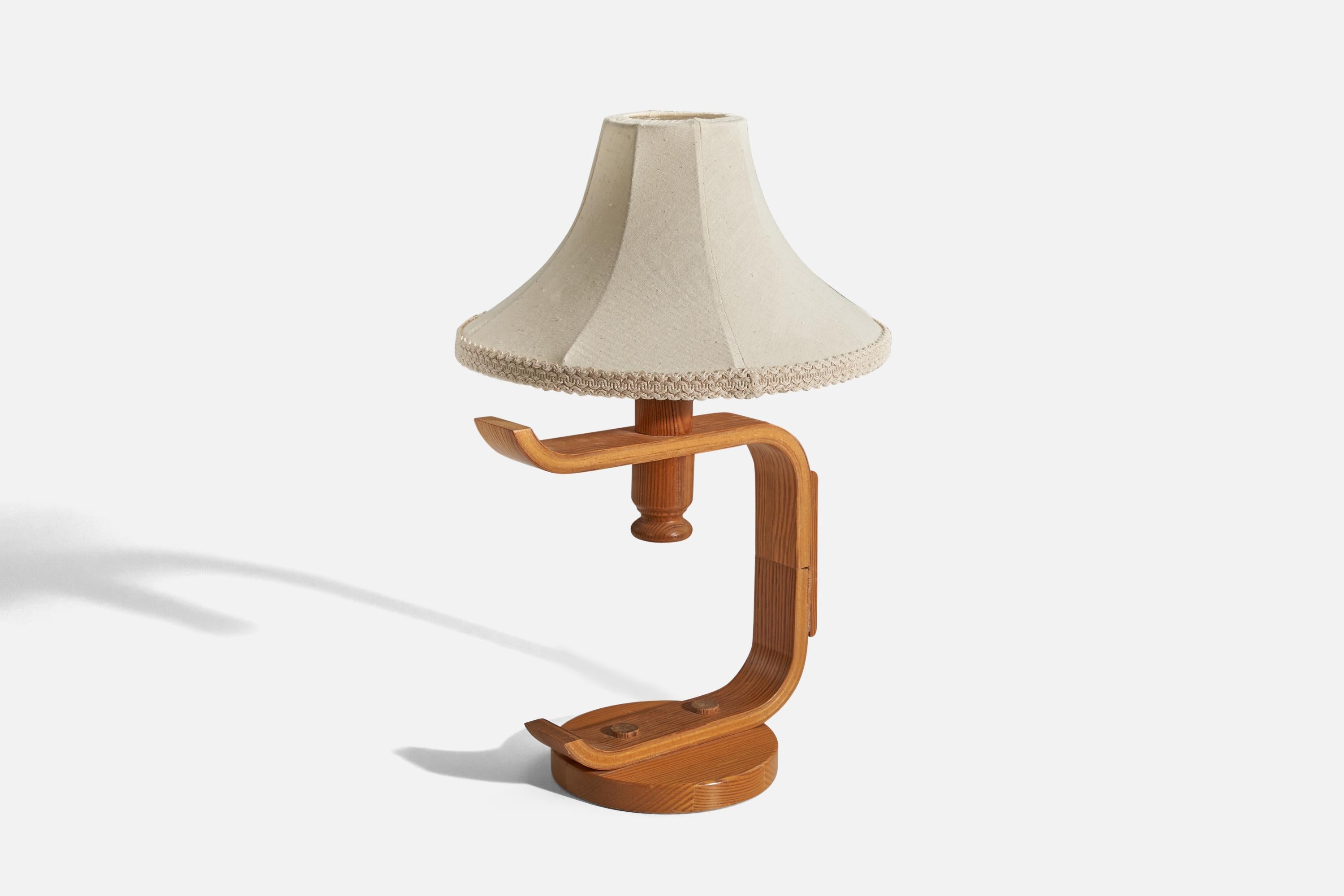 Modern Swedish Designer, Table Lamp, Pine, Fabric, Sweden, C. 1970s For Sale