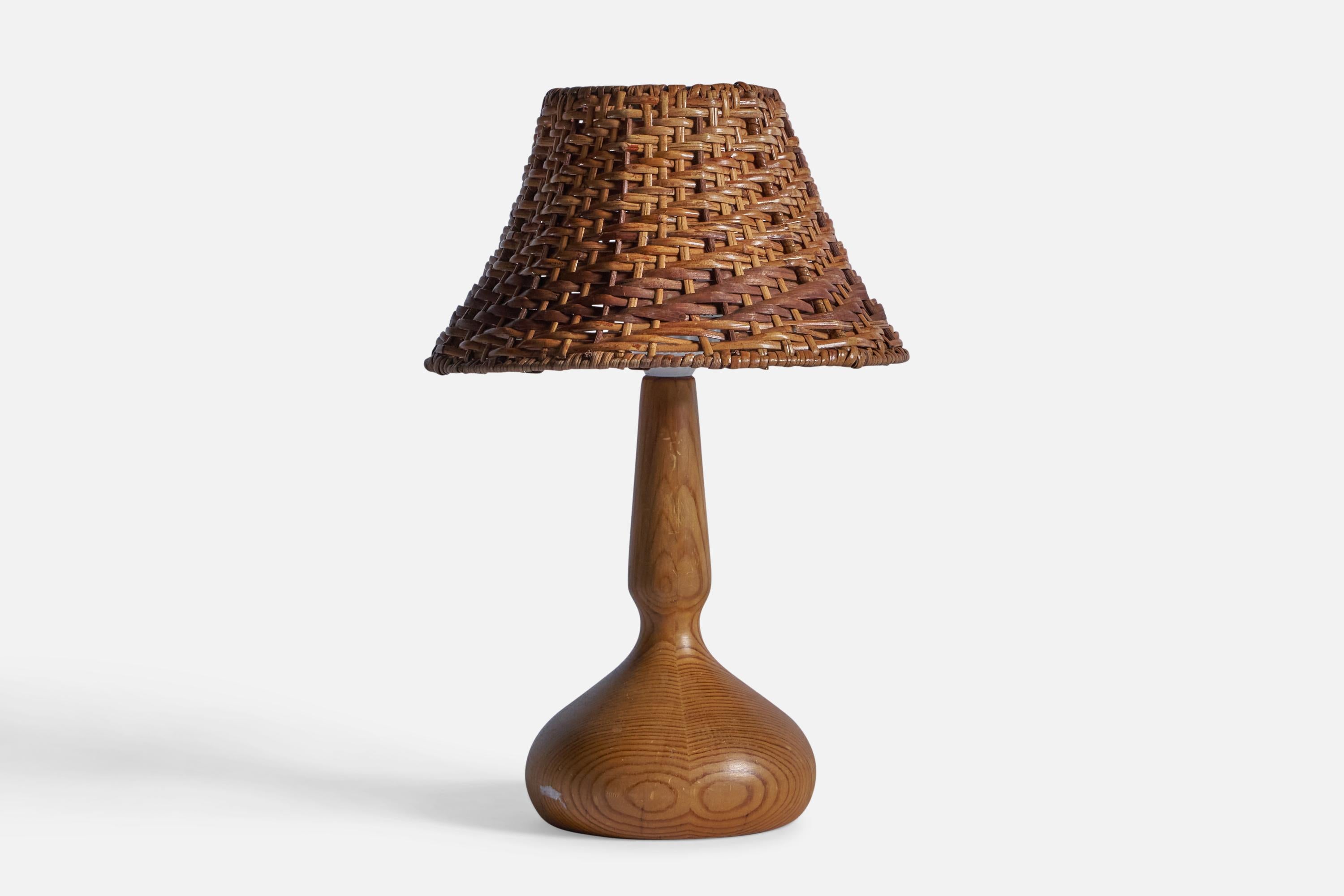 A pine and rattan table lamp, designed and produced in Sweden, 1970s.

Sold with Lampshade.

Dimensions stated are of table lamp with Lampshade attached.