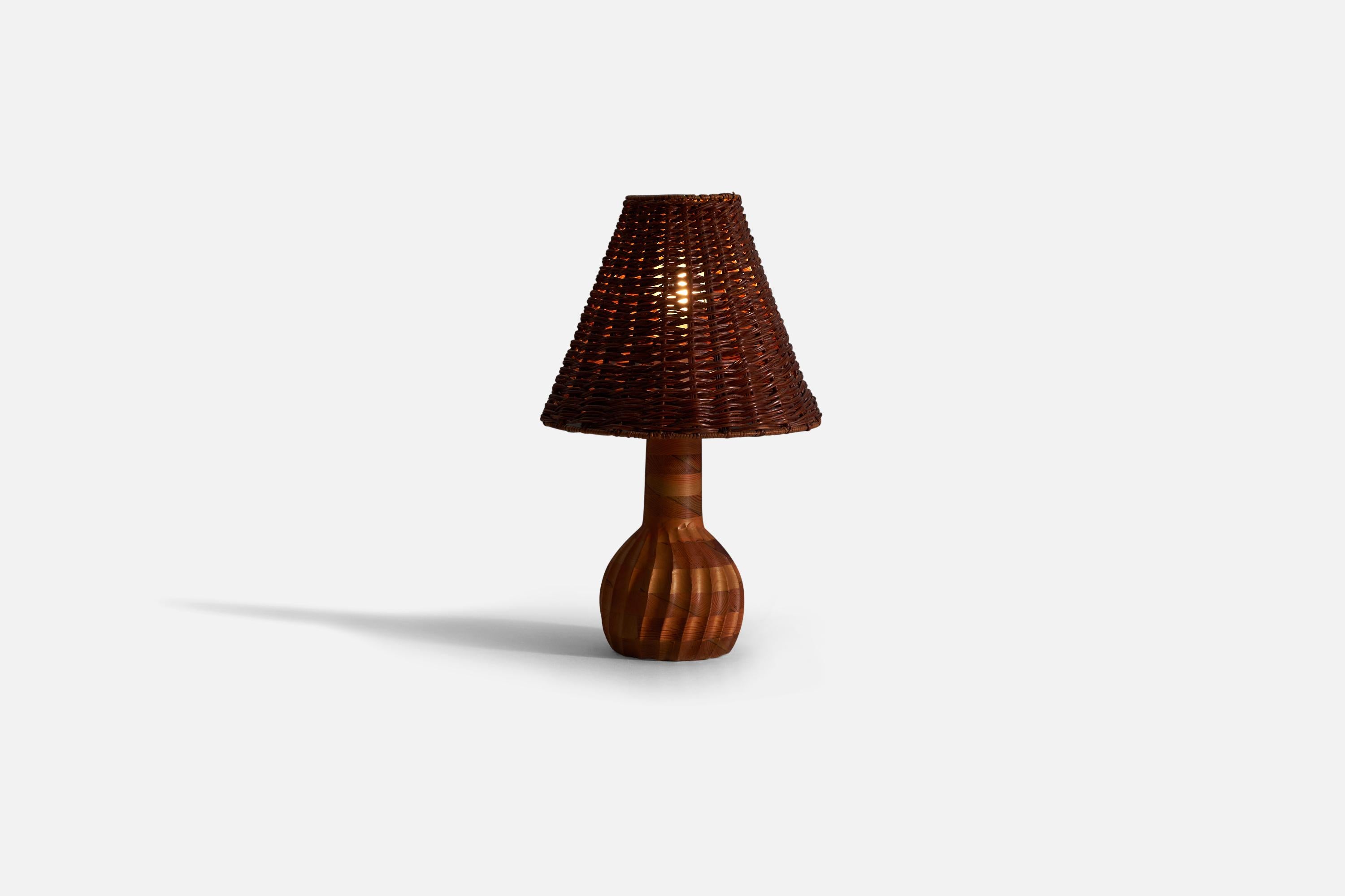 Late 20th Century Swedish Designer, Table Lamp, Pine, Rattan, Sweden, 1970s