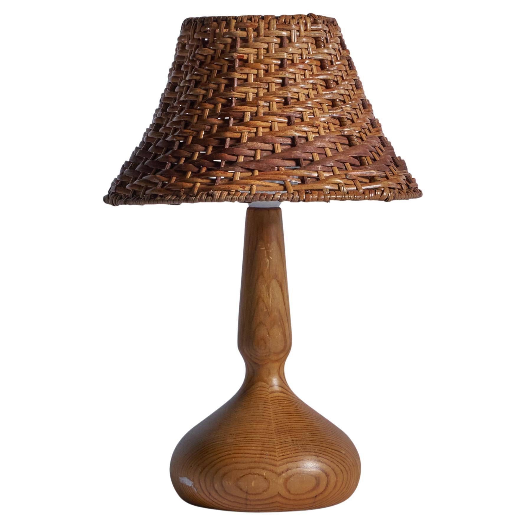 Swedish Designer, Table Lamp, Pine, Rattan, Sweden, 1970s For Sale