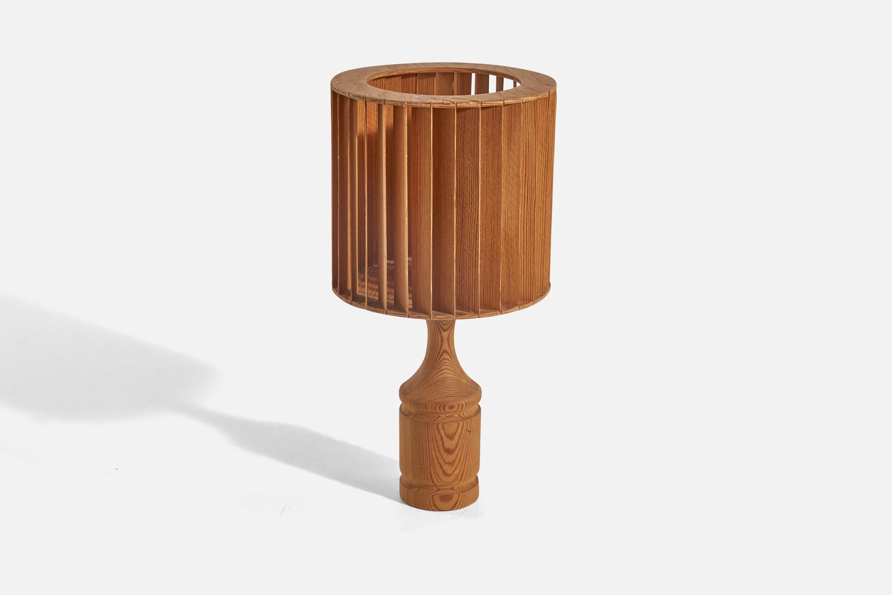 A pine table lamp designed and produced in Sweden, 1970s.

Socket takes standard E-26 medium base bulb.

There is no maximum wattage stated on the fixture.