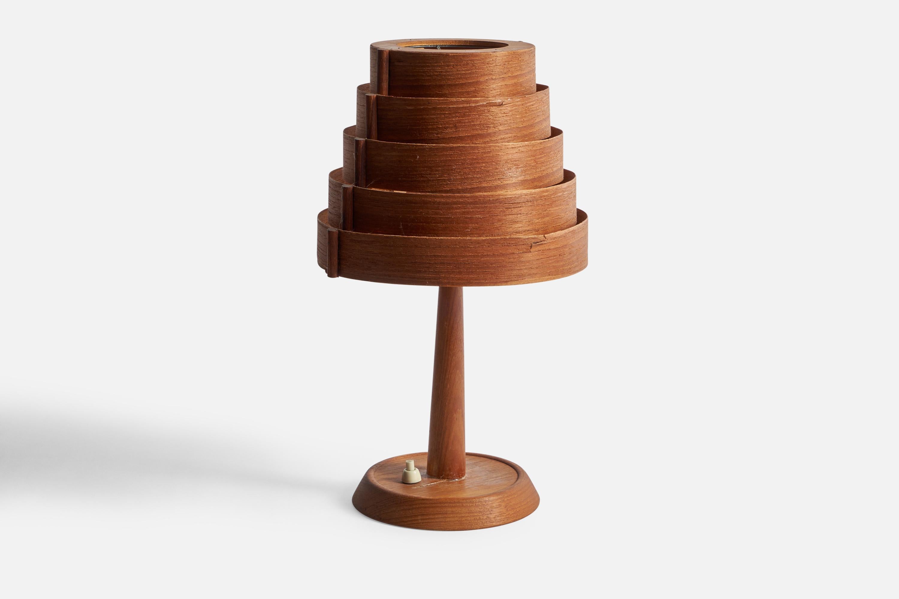 A pine and moulded pine veneer table lamp designed and produced in Sweden, 1970s.

Overall Dimensions (inches): 13.75” H x 8” Diameter
Bulb Specifications: E-26 Bulb
Number of Sockets: 1
All lighting will be converted for US usage. We are unable to