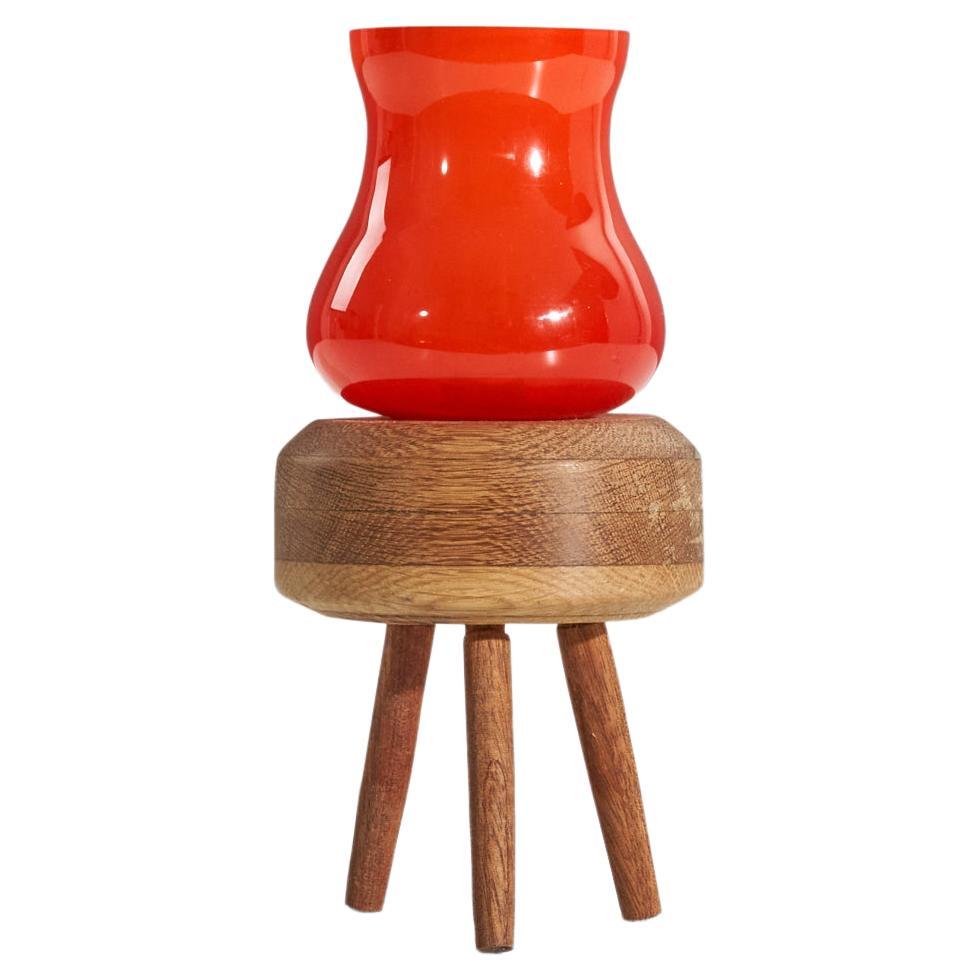 Swedish Designer, Table Lamp, Red Glass And Oak, Sweden, c. 1960s For Sale