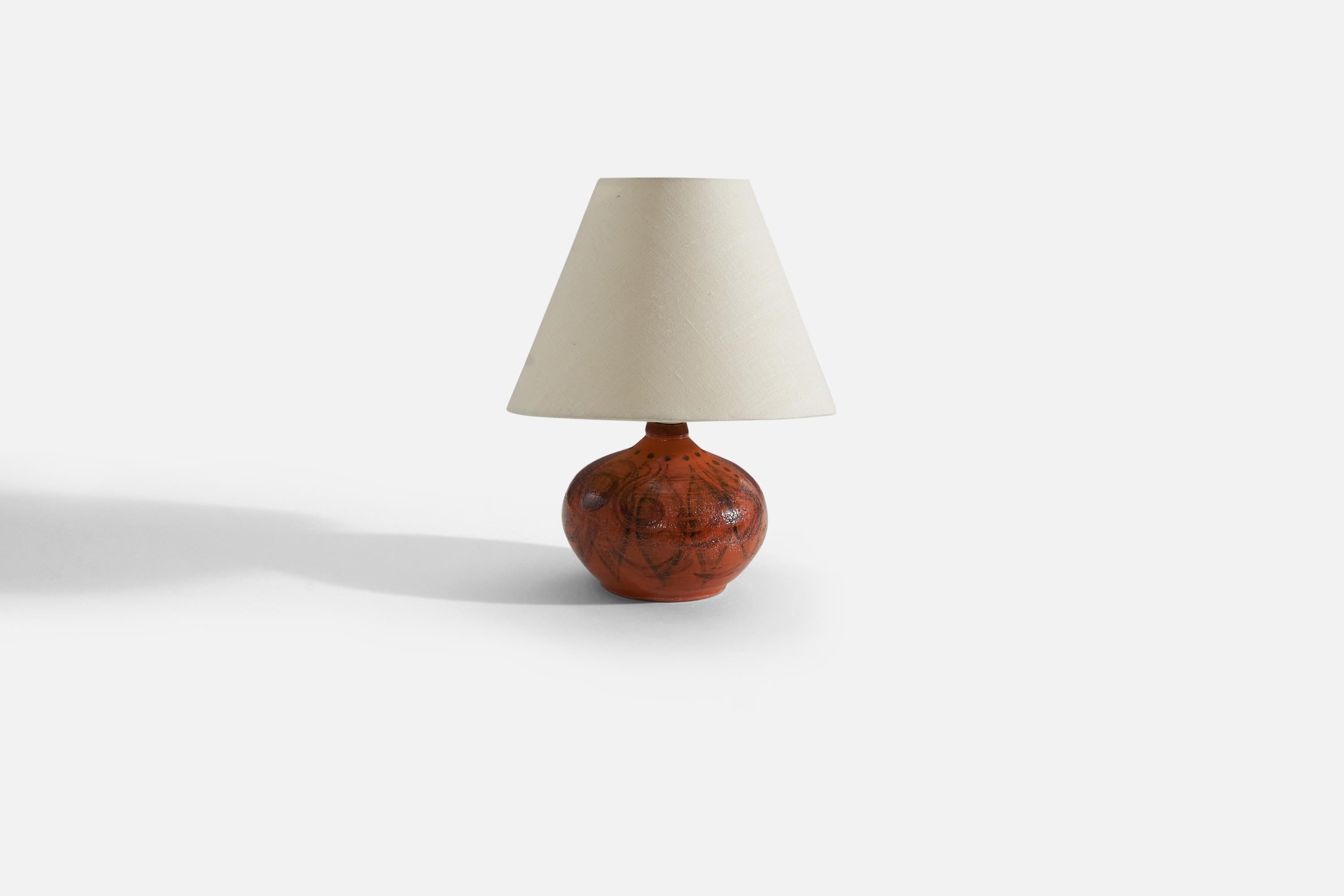 Mid-Century Modern Swedish Designer, Table Lamp, Red-Orange Glazed Stoneware, Sweden, 1960s For Sale