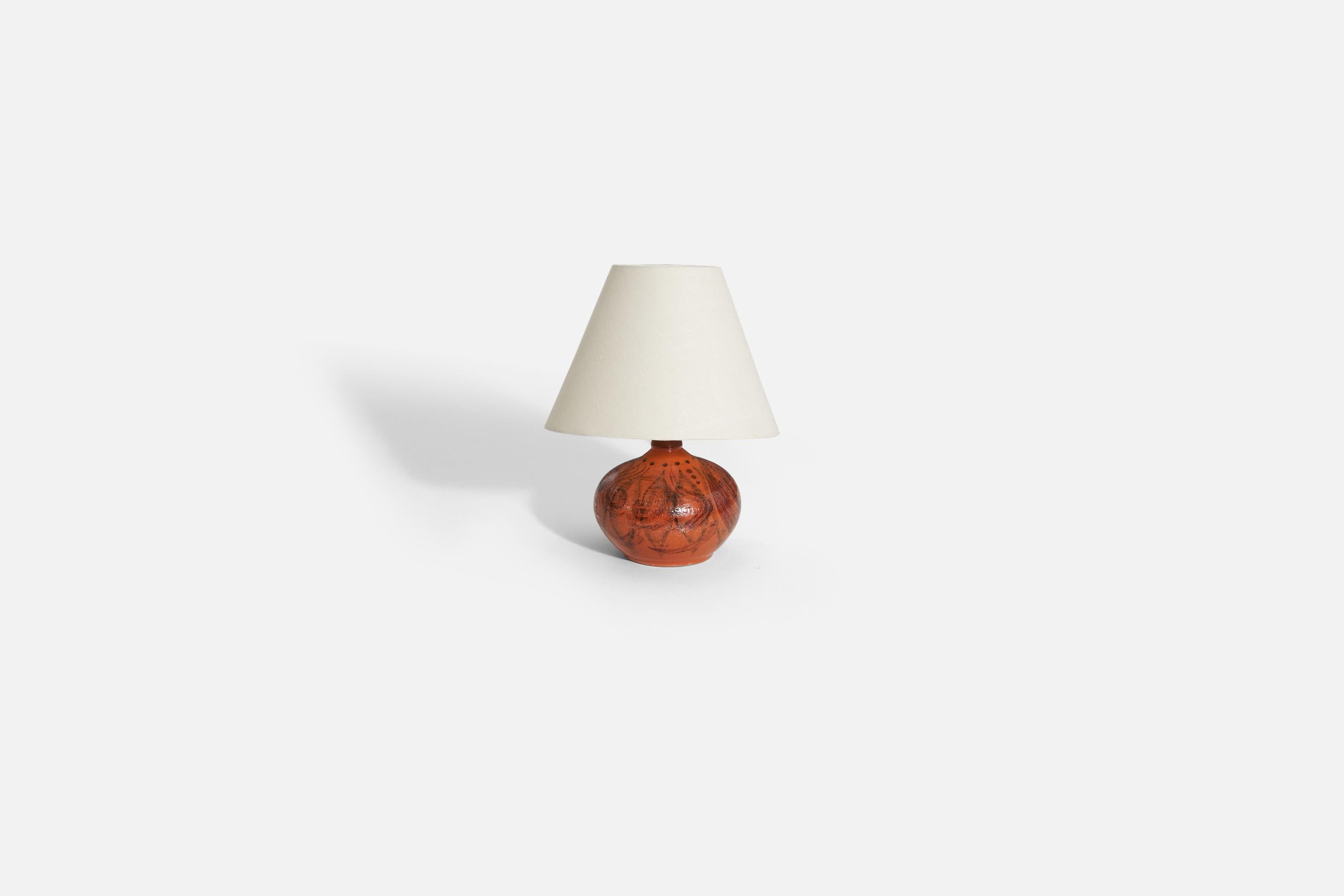 Mid-20th Century Swedish Designer, Table Lamp, Red-Orange Glazed Stoneware, Sweden, 1960s For Sale