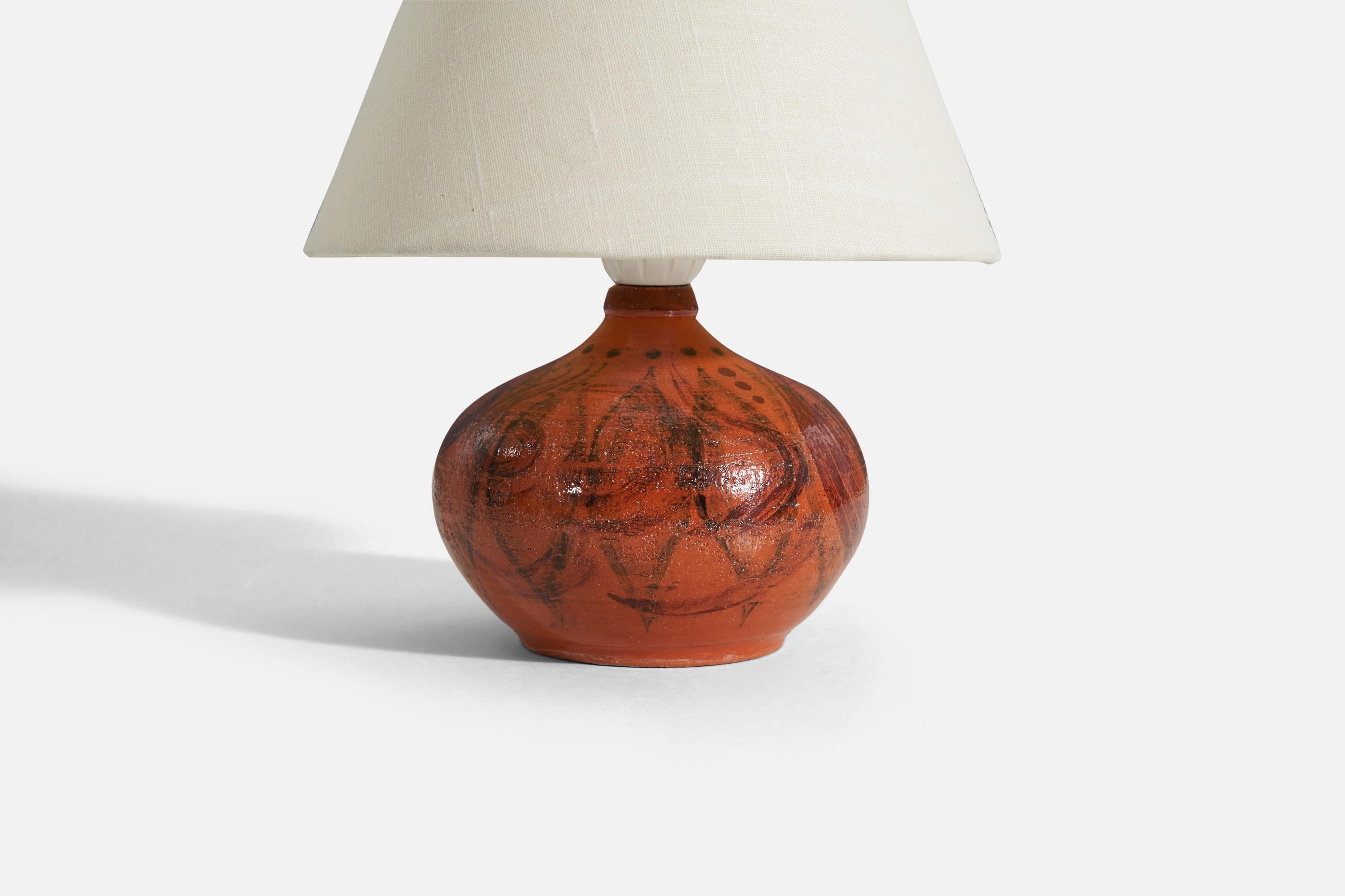 Swedish Designer, Table Lamp, Red-Orange Glazed Stoneware, Sweden, 1960s For Sale 1