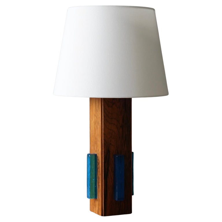 Swedish Designer, Table Lamp, Rosewood Blue Glass, Sweden, 1960s For Sale