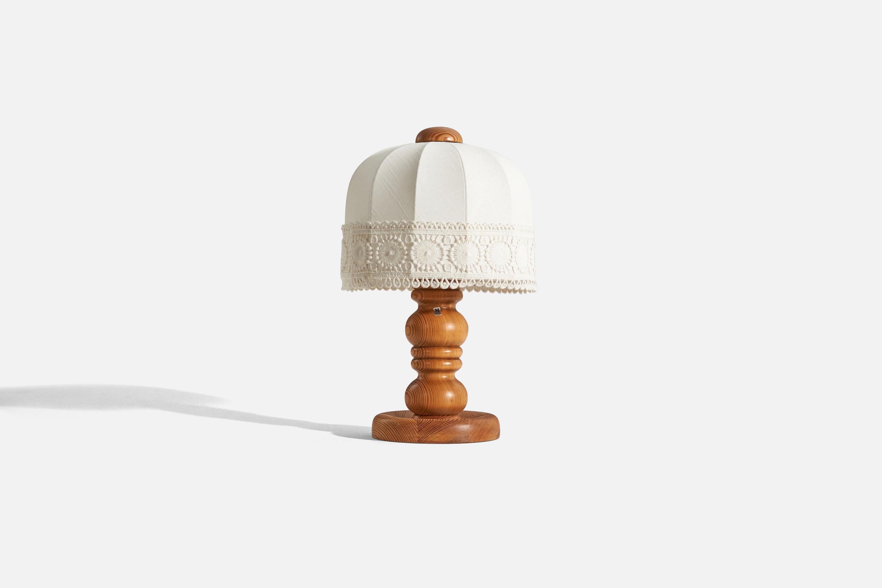 A solid pine table lamp designed and produced in Sweden, c. 1970s.

Sold with lampshade. 
Dimensions of lamp (inches) : 11.125 x 7.0625 x 7.0625 (H x W x D)
Dimensions of shade (inches) : 10 x 10.5 x 8.25 (T x B x H)
Dimension of lamp with