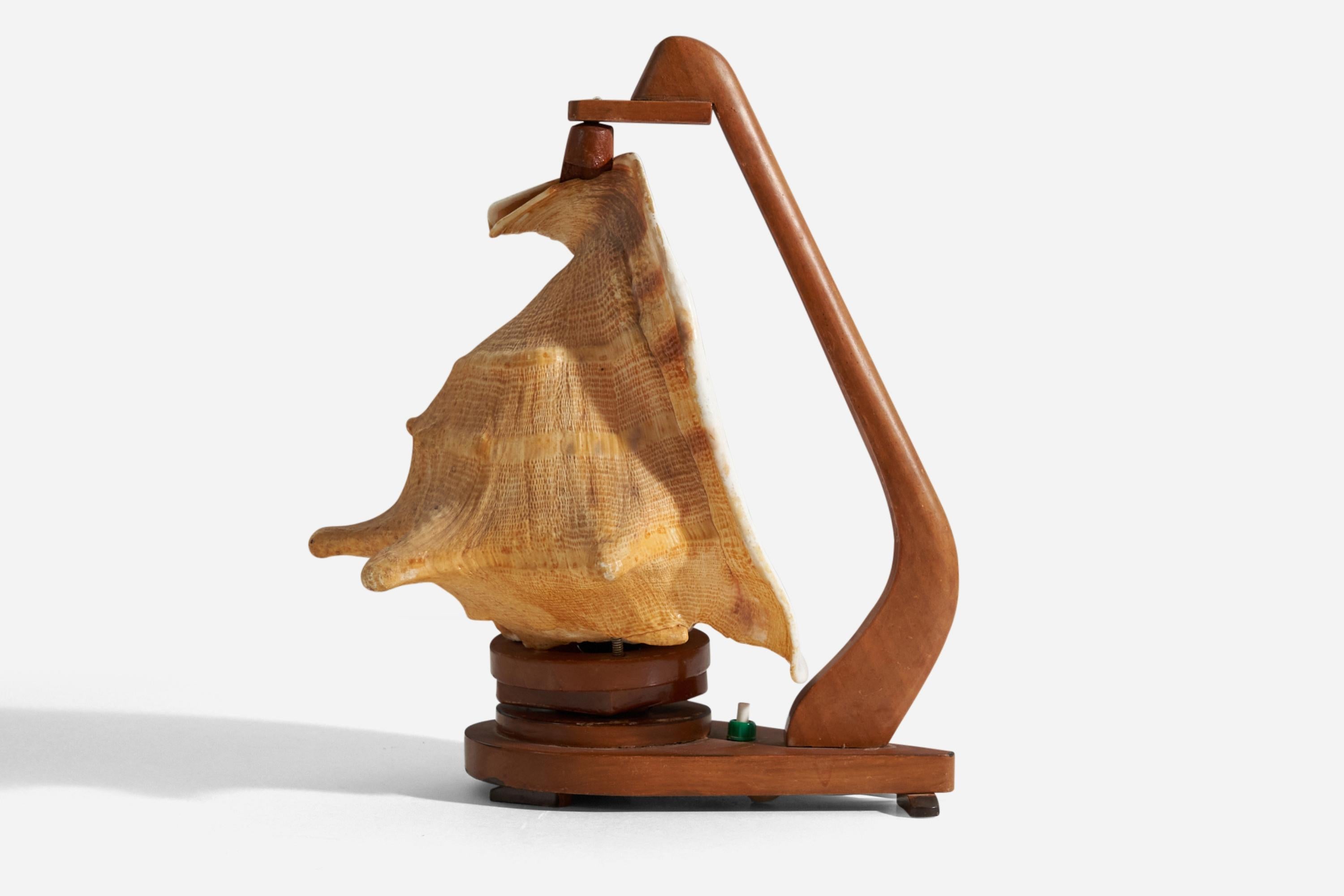 Mid-Century Modern Swedish Designer, Table Lamp, Stained Wood, Shell, Sweden, 1940s For Sale