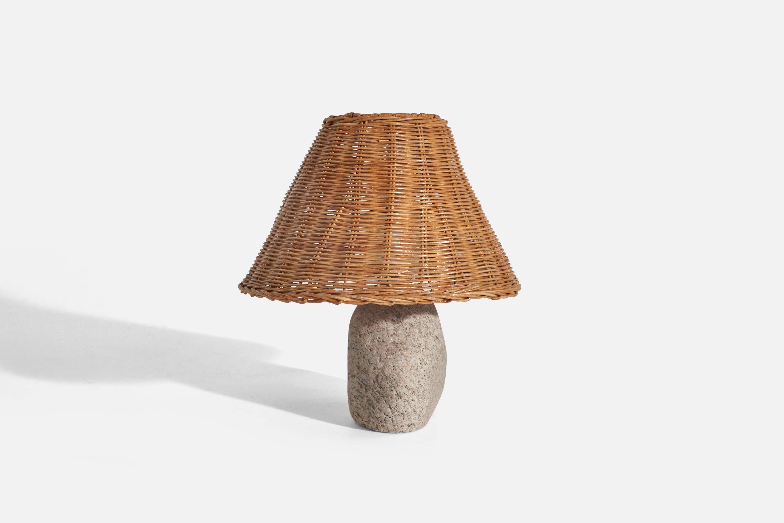 Modern Swedish Designer, Table Lamp, Stone, Rattan, Sweden, C. 1970s