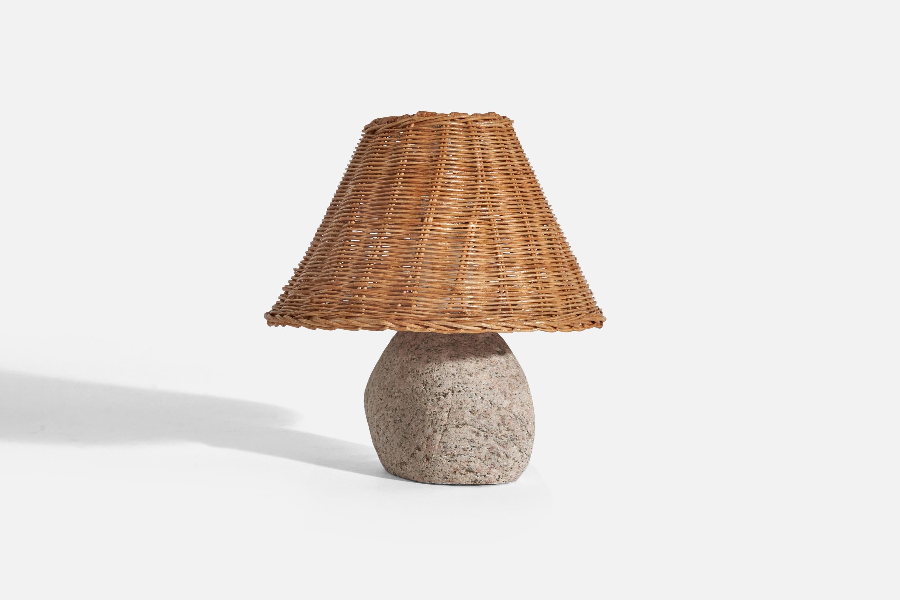 Swedish Designer, Table Lamp, Stone, Rattan, Sweden, C. 1970s In Good Condition In High Point, NC