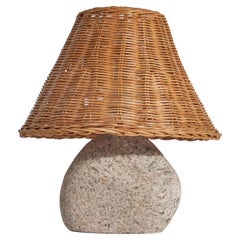 Swedish Designer, Table Lamp, Stone, Rattan, Sweden, C. 1970s