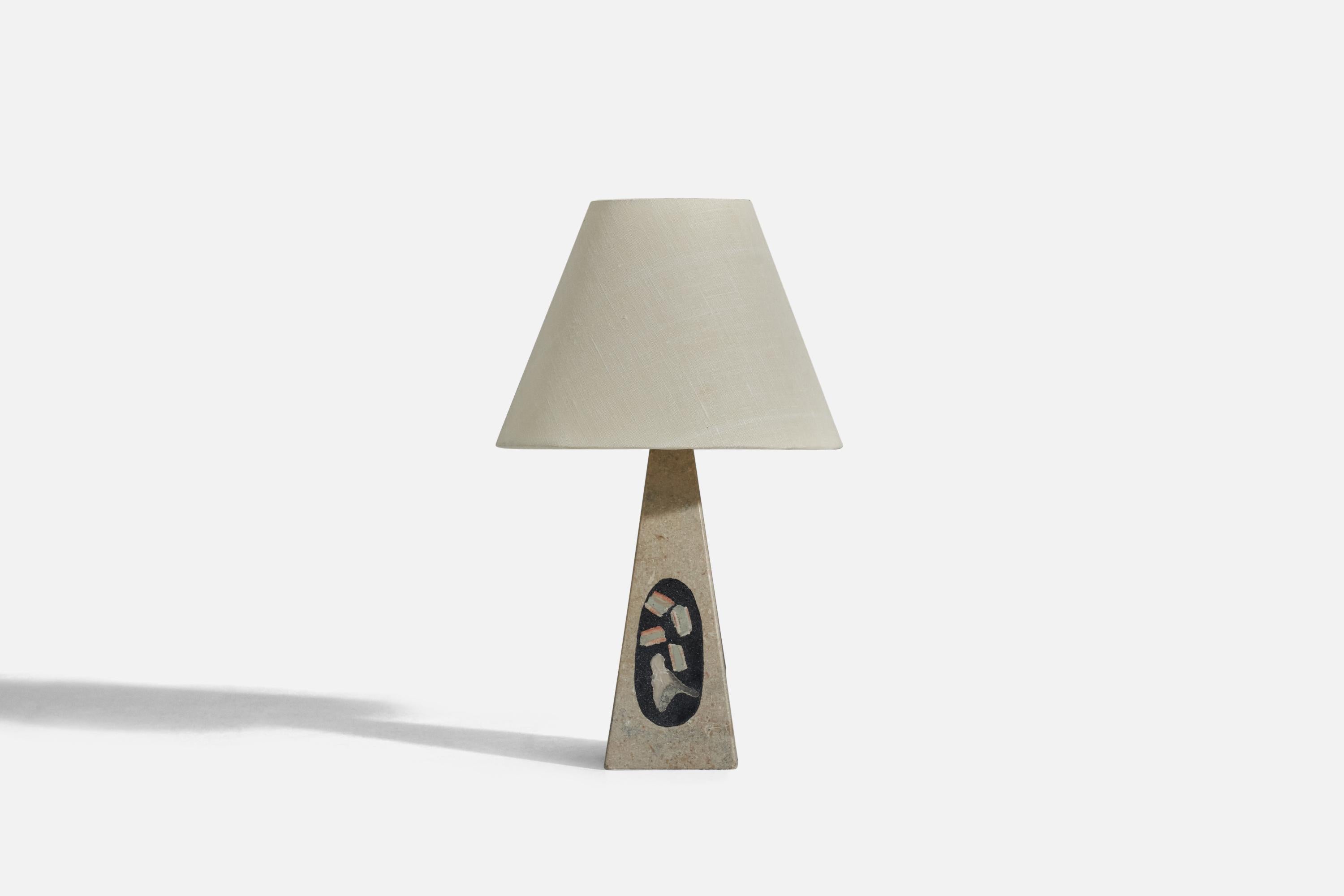 A stone table lamp designed and produced in Sweden, 1970s. 

Sold without Lampshade
Dimensions of Lamp (inches) : 10.12 x 3.16 x 3.16 (height x width x depth)
Dimensions of Lampshade (inches) : 4 x 8 x 6 (top diameter x bottom diameter x