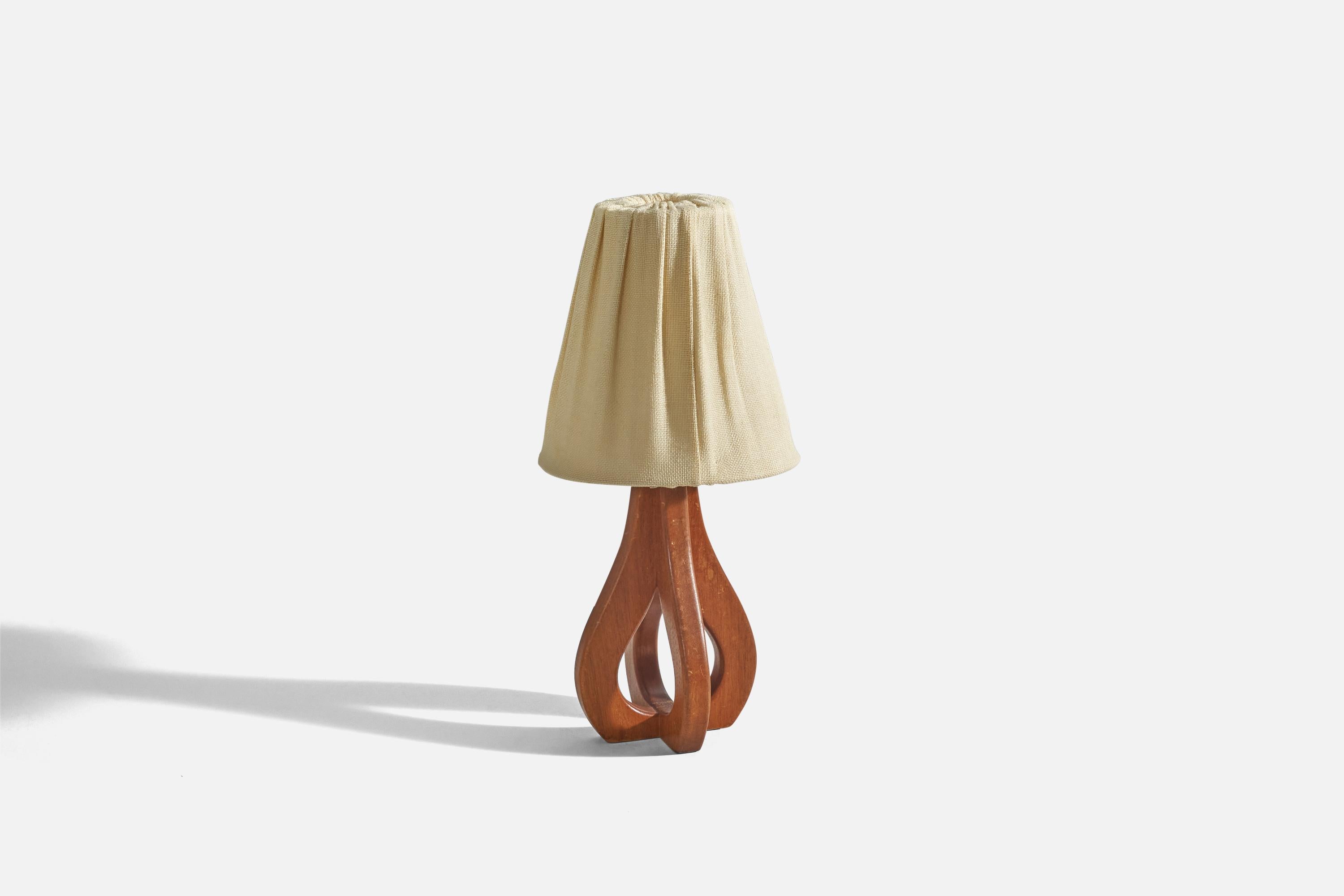 Mid-Century Modern Swedish Designer, Table Lamp, Teak, Fabric, Sweden, C. 1950s For Sale