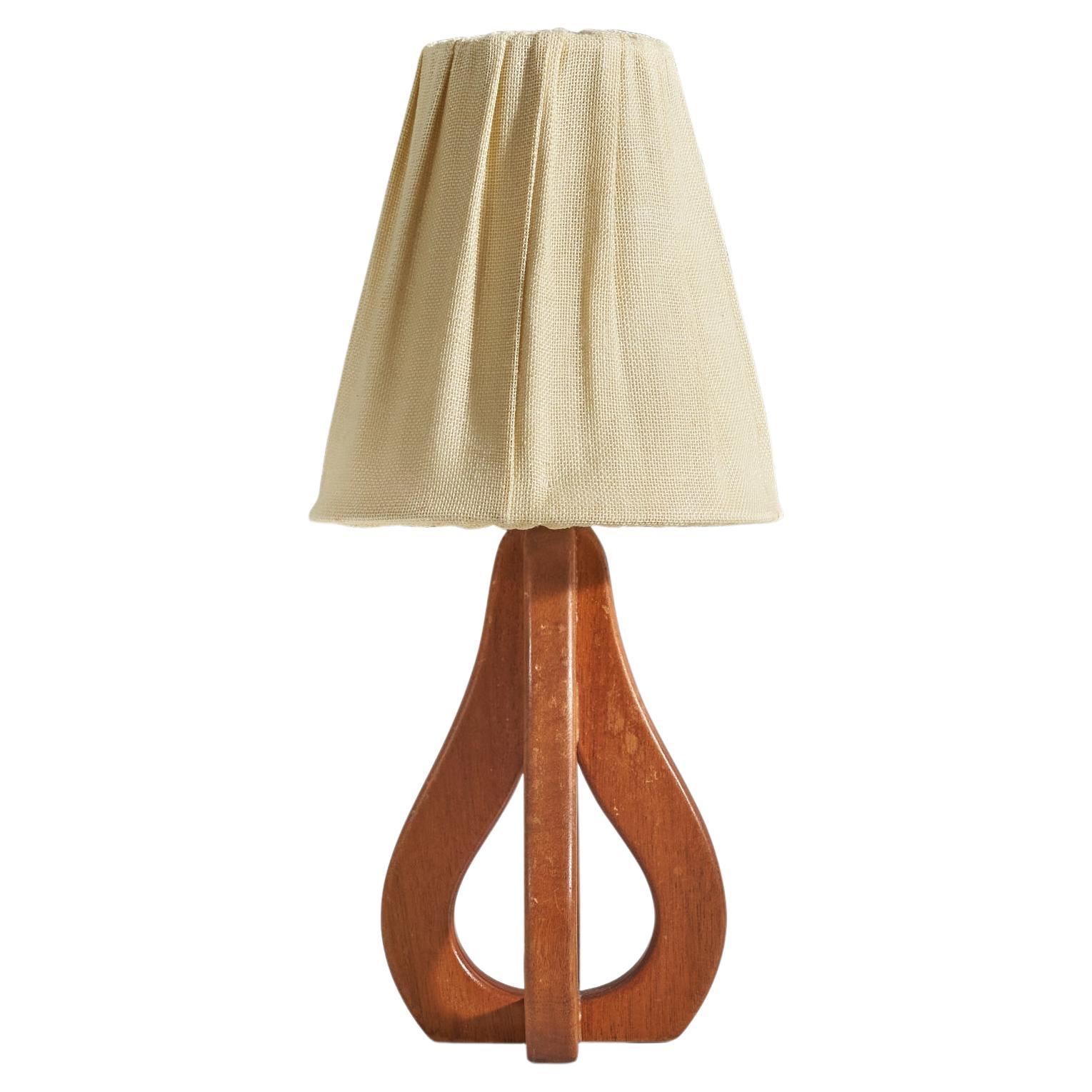 Swedish Designer, Table Lamp, Teak, Fabric, Sweden, C. 1950s For Sale