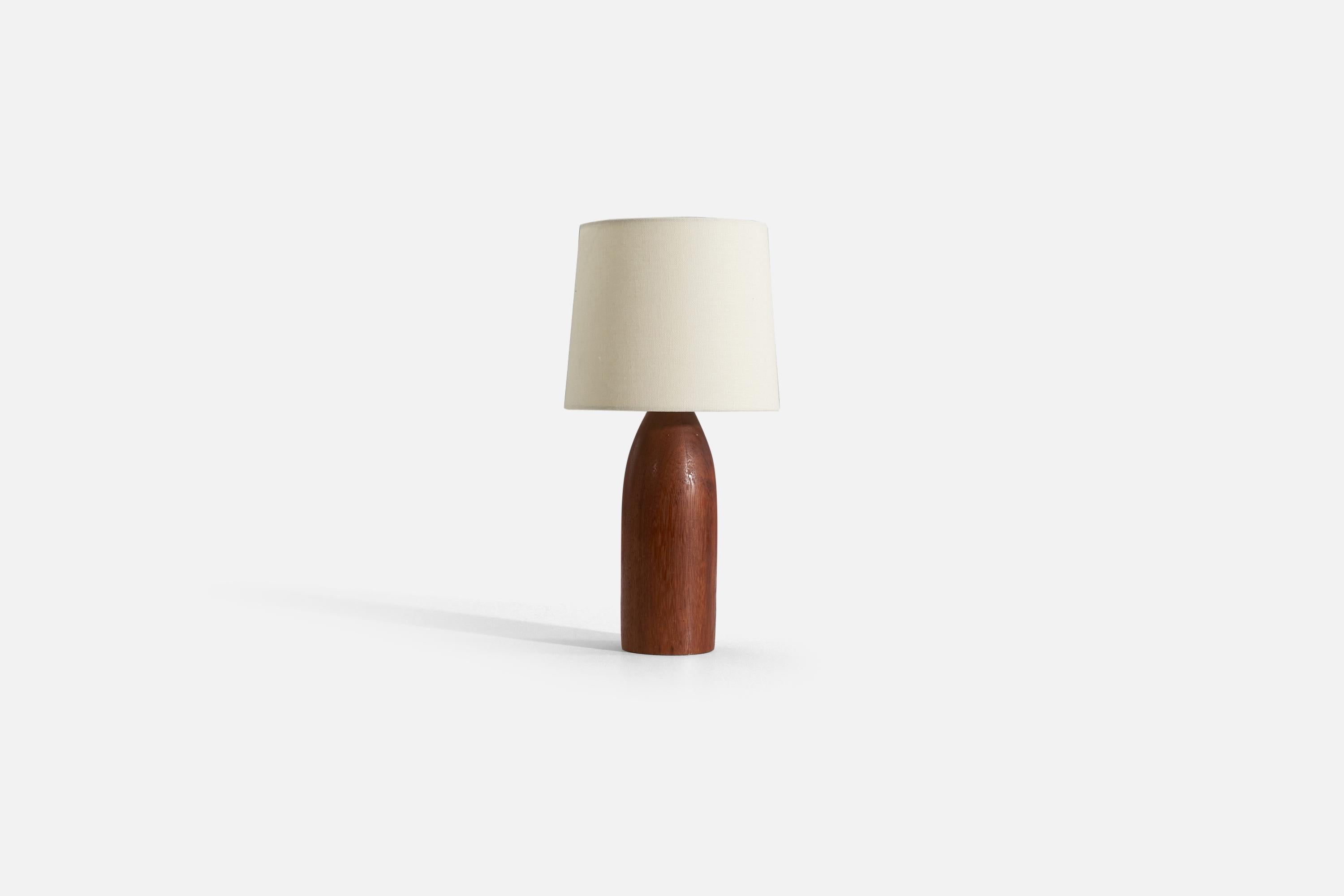 A teak table lamp produced by a Swedish designer, Sweden, 1950s.

Sold without lampshade. 

Measurements listed are of lamp only 
Shade : 7 x 8 x 7
Lamp with shade : 16 x 8 x 8.