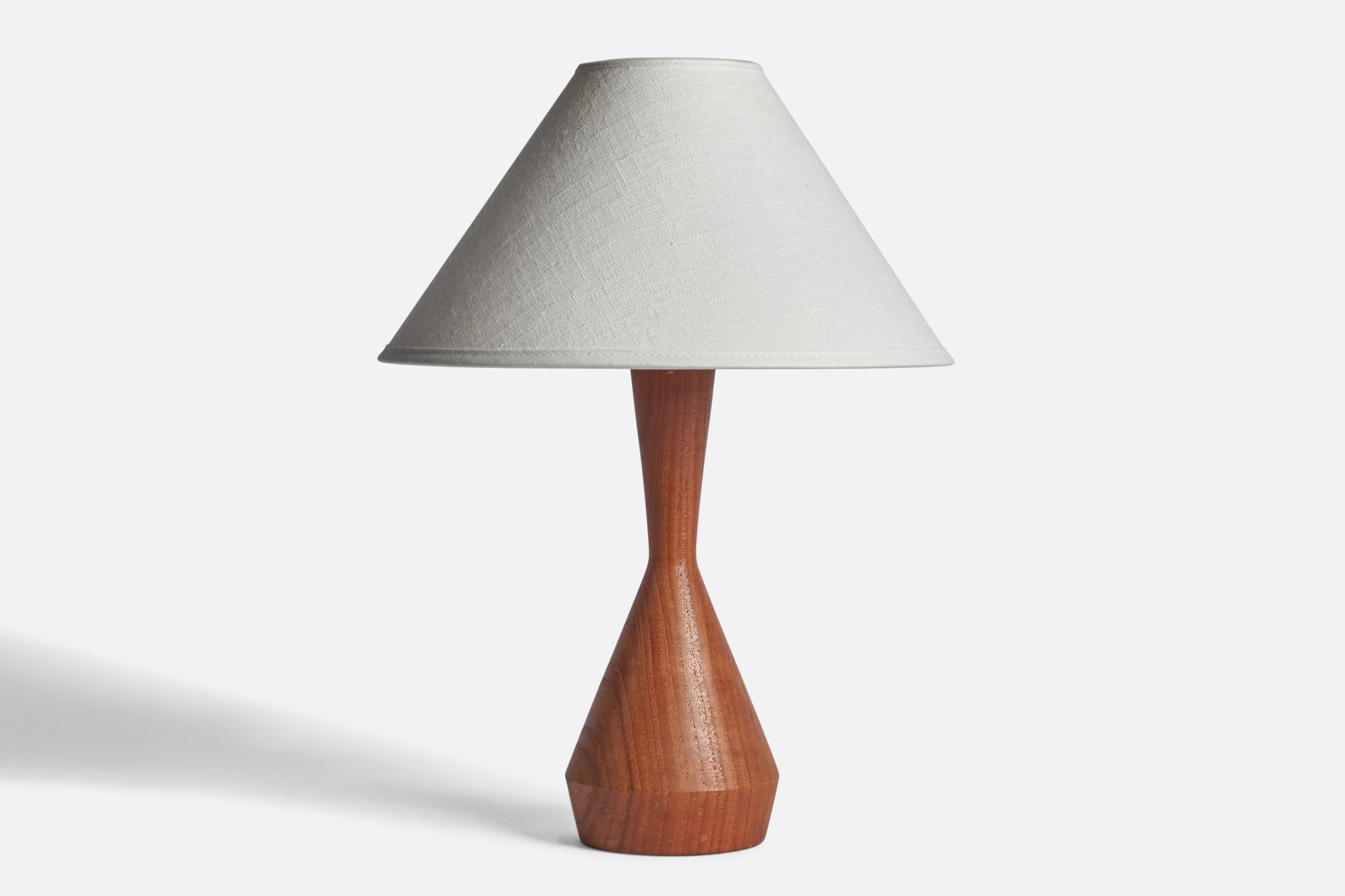 A teak table lamp designed and produced in Sweden, 1950s.

Dimensions of Lamp (inches): 10.75” H x 4” Diameter
Dimensions of Shade (inches): 2.5” Top Diameter x 10” Bottom Diameter x 5.5