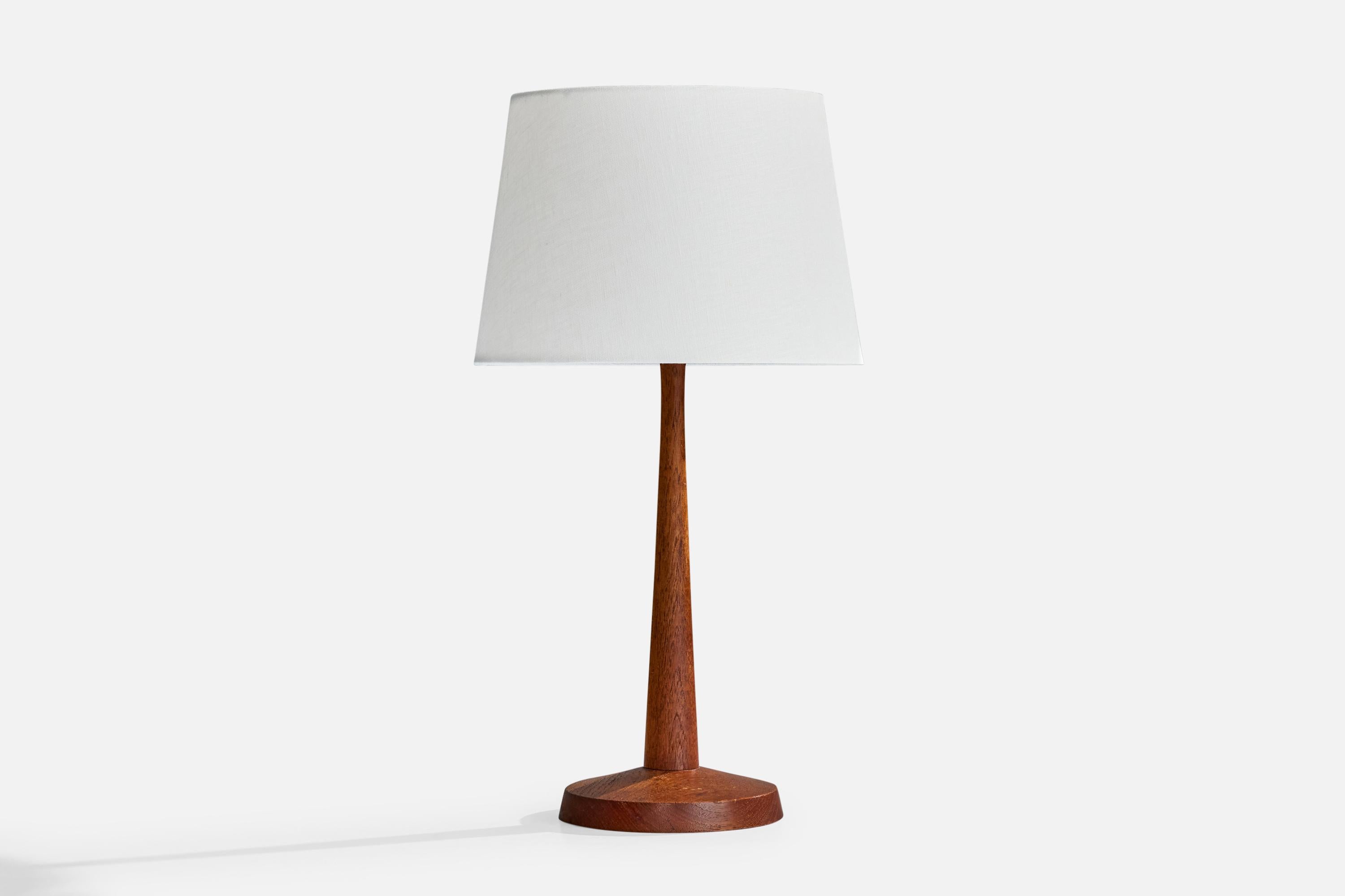 Lámpara de mesa de teca diseñada y fabricada en Suecia, c. 1950.

Dimensiones de la pantalla (pulgadas): 8 Diámetro superior x 10