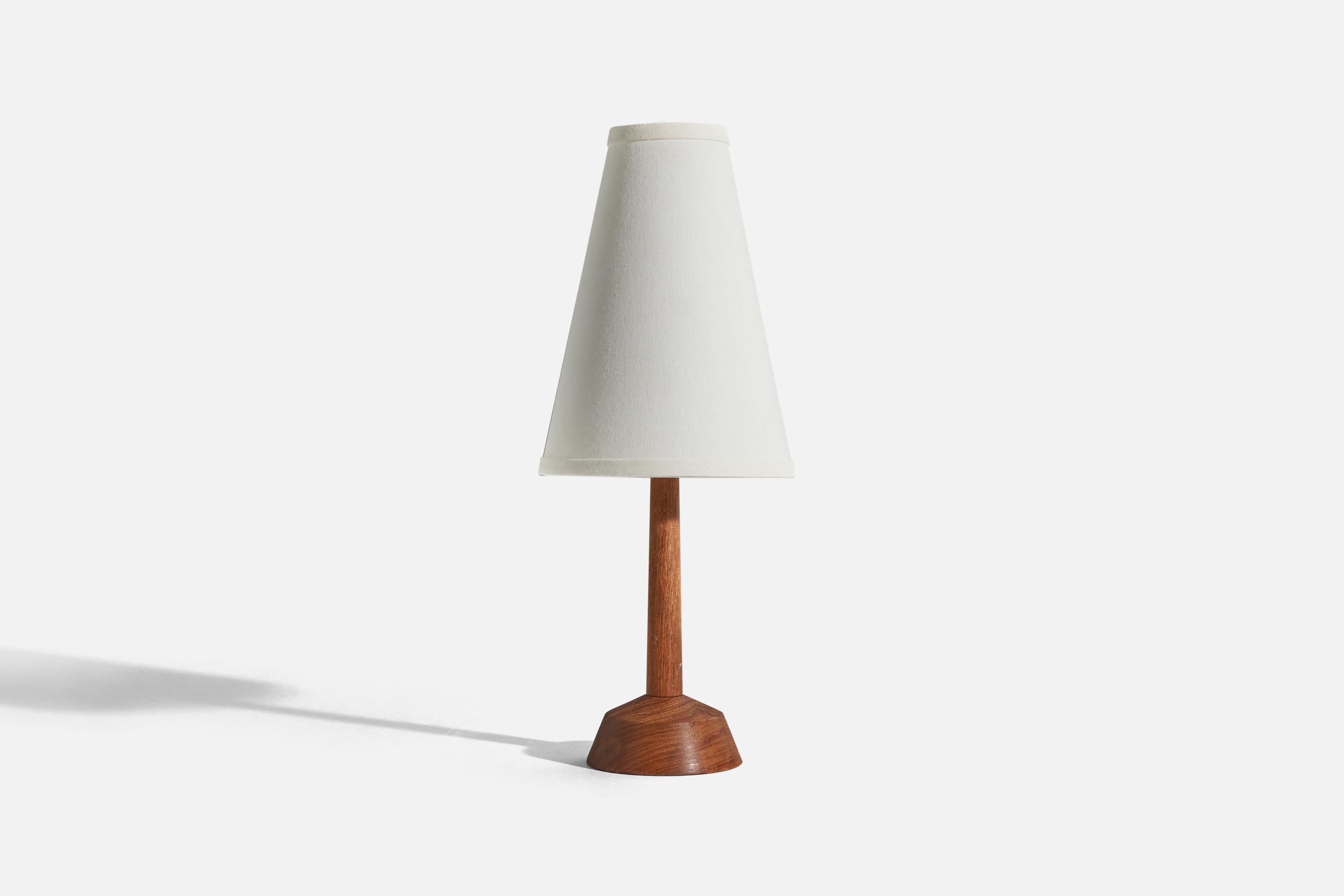 A teak table lamp designed and produced in Sweden, c. 1950s. 

Sold without lampshade. 
Dimensions of Lamp (inches) : 11.93 x 4.5 x 4.5 (H x W x D)
Dimensions of Shade (inches) : 3.25 x 7.25 x 10 (T x B x S)
Dimension of Lamp with Shade