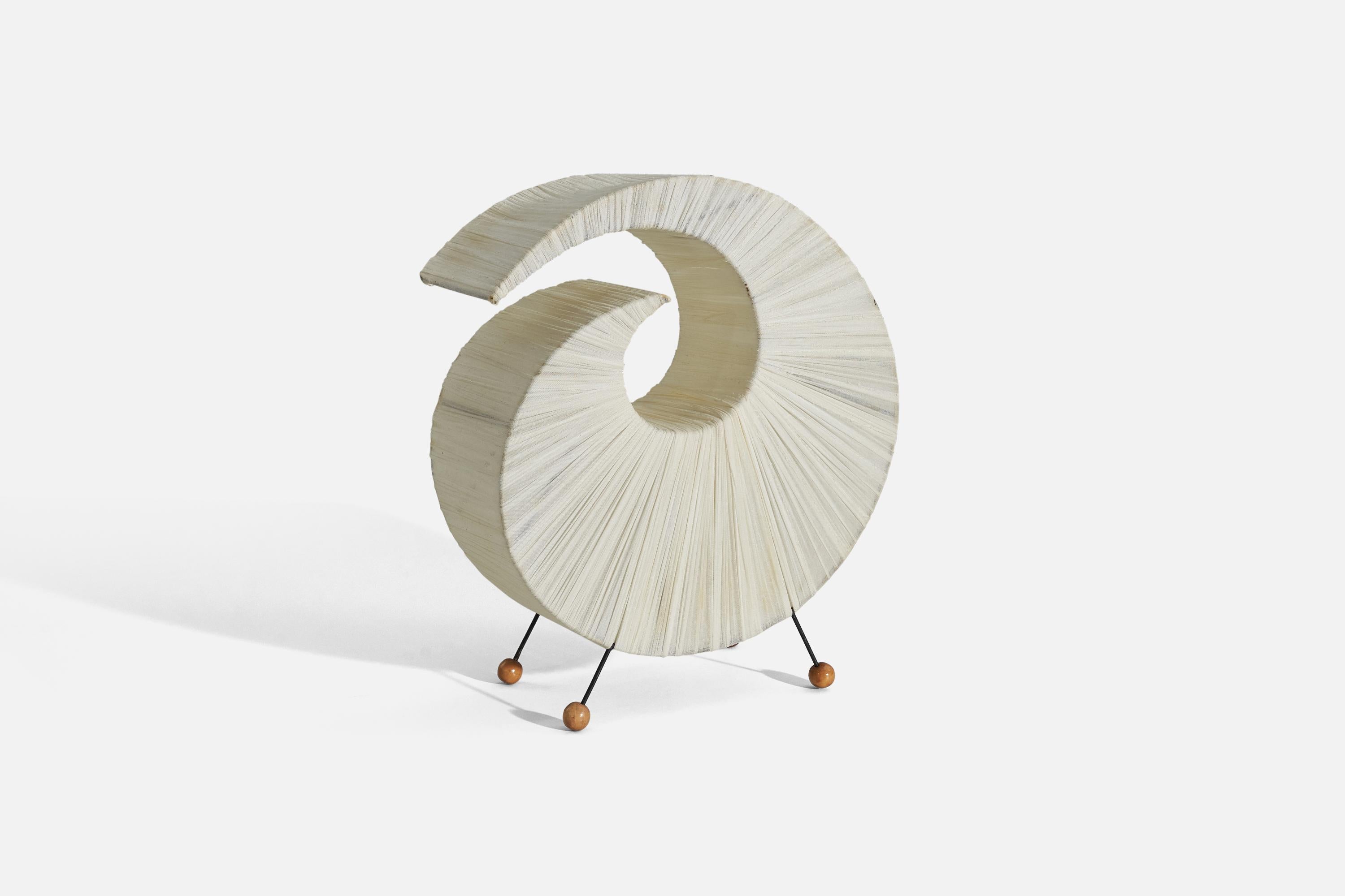 A white, fabric, wood and metal table lamp, designed and produced in Sweden, c. 1960s. 


