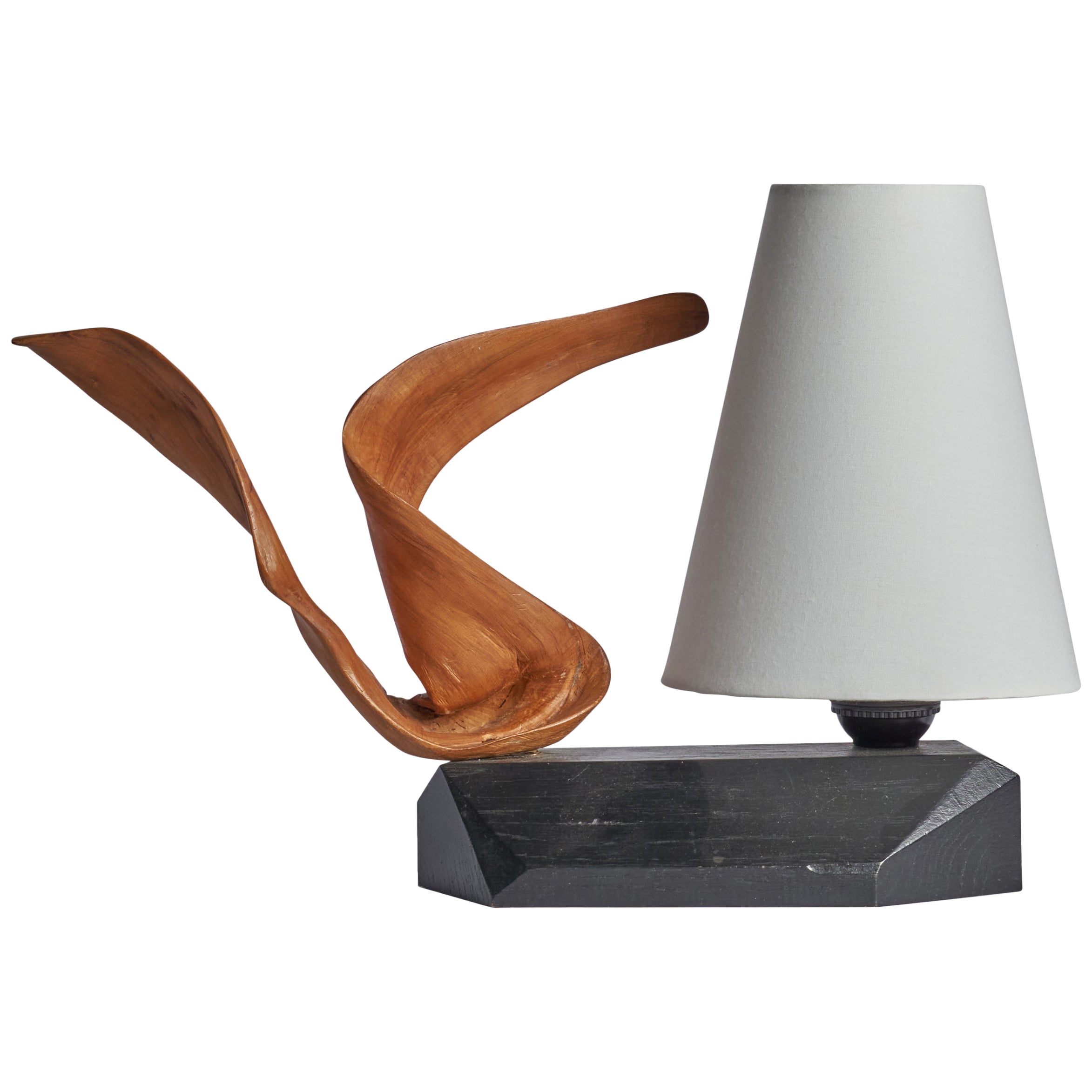 Swedish Designer, Table Lamp, Wood, Driftwood, Fabric, Sweden, 1970s For Sale