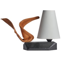 Diseñador sueco, lámpara de mesa, madera, madera de deriva, tela, Suecia, años 70