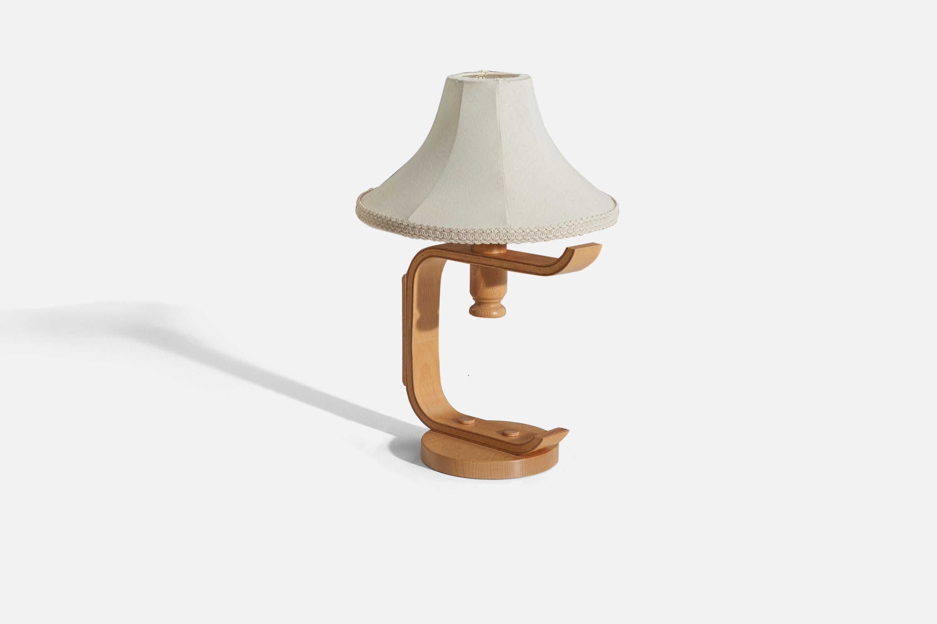 Mid-Century Modern Swedish Designer, Table Lamp, Wood, Fabric, Sweden, 1970s For Sale