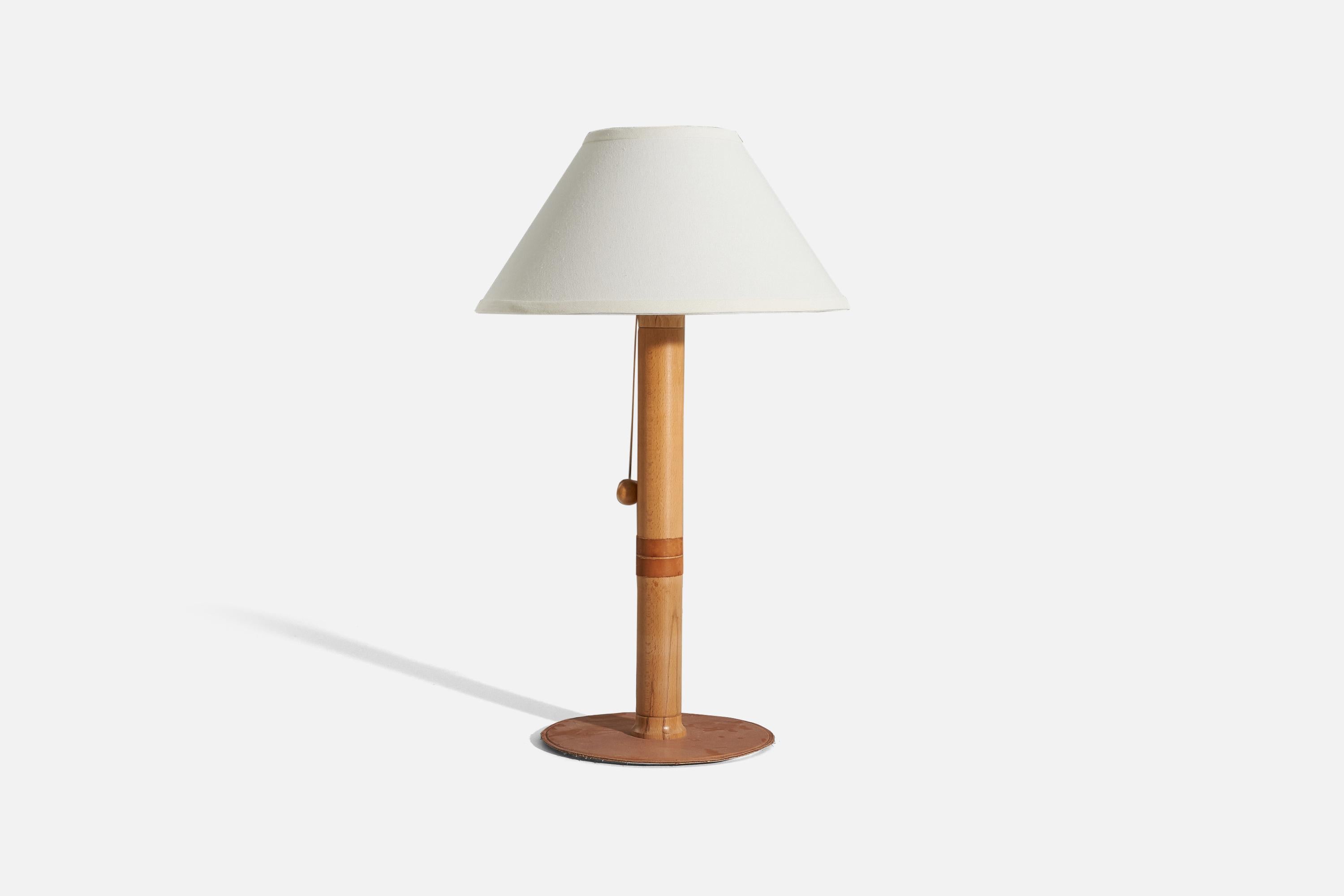 Mid-Century Modern Swedish Designer, Table Lamp, Wood, Leather, Sweden, 1970s For Sale
