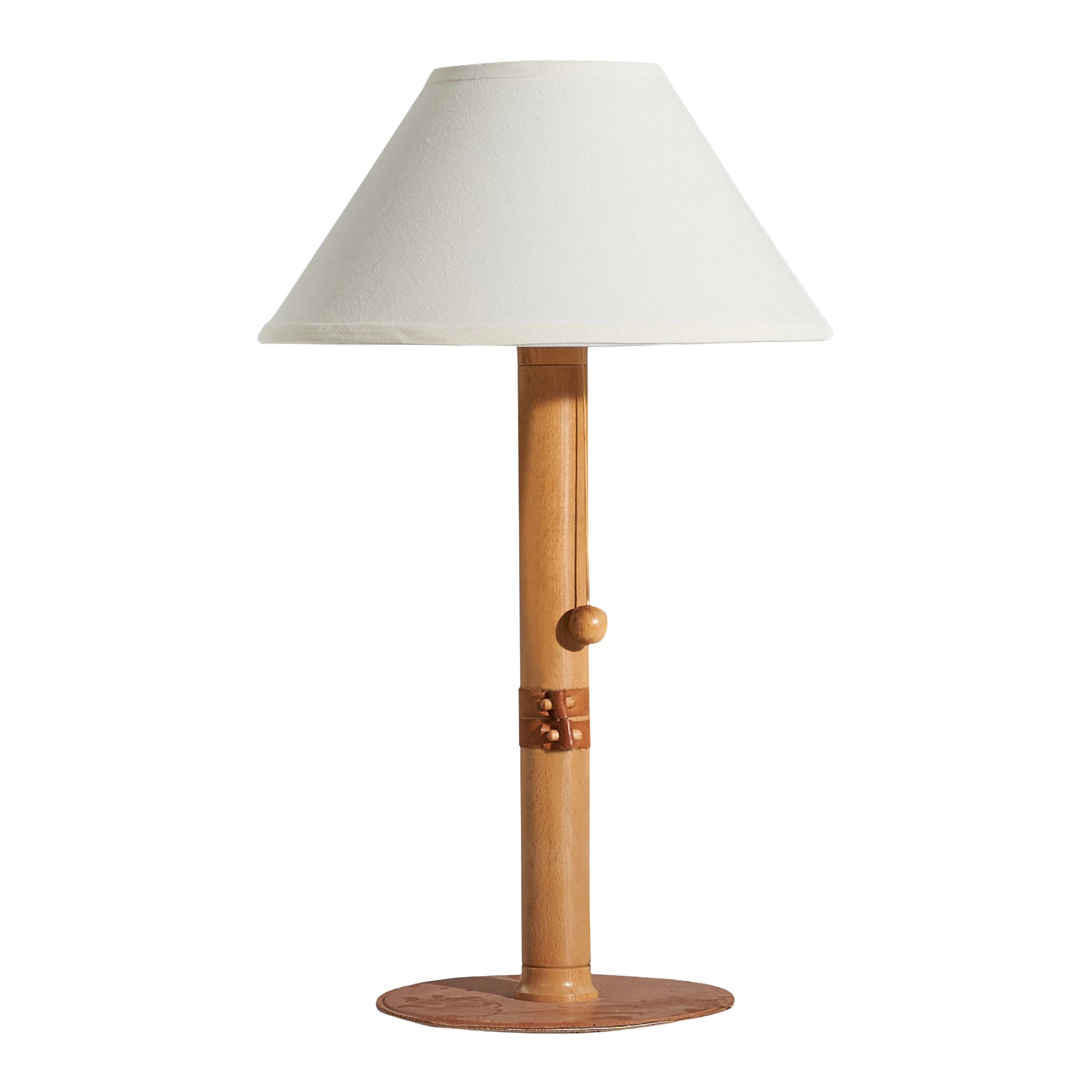 Schwedischer Designer, Tischlampe, Holz, Leder, Schweden, 1970er im Angebot