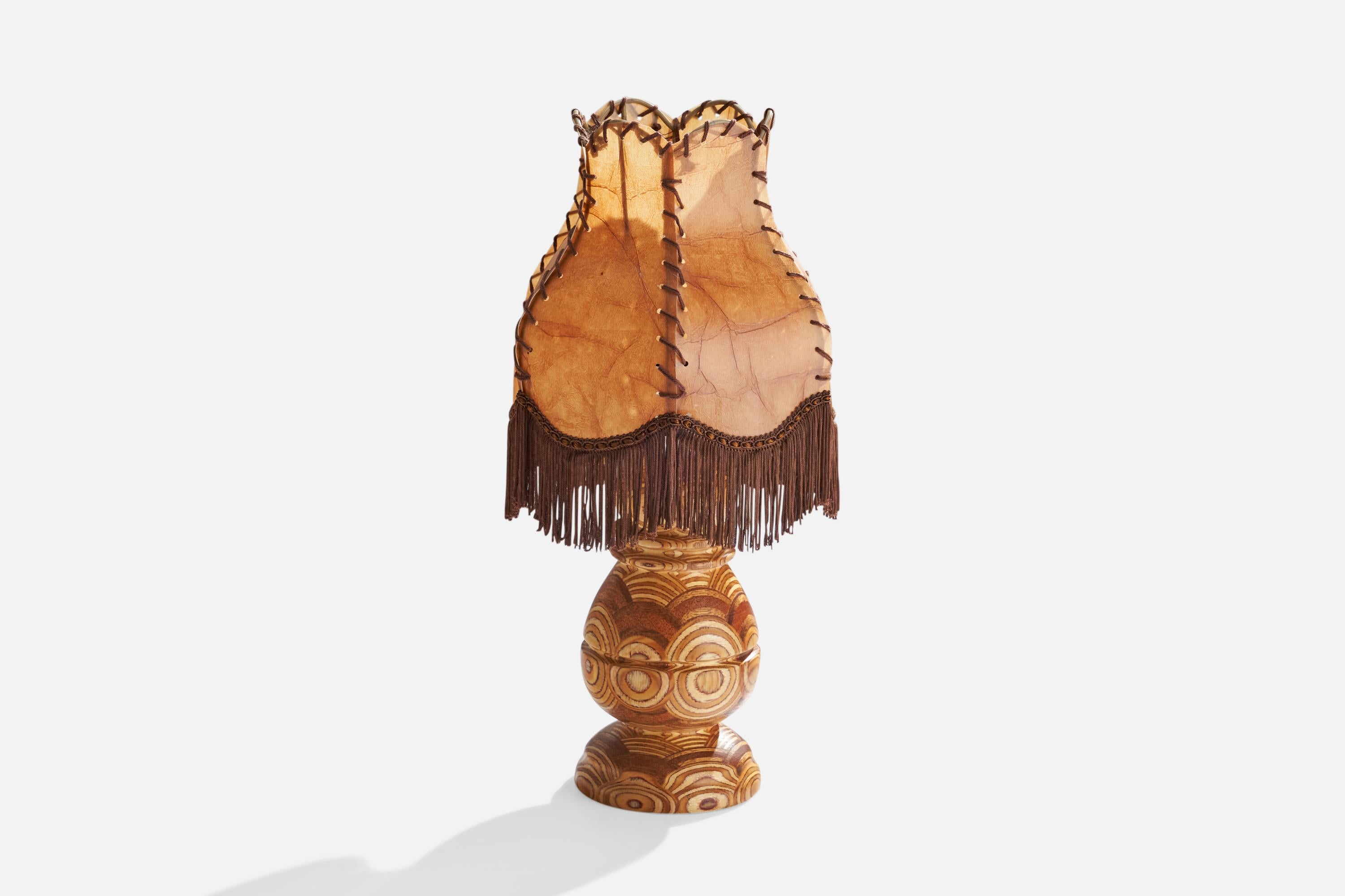 Mid-20th Century Swedish Designer, Table Lamp, Wood, Parchment Paper, Fabric, Sweden, 1950s For Sale