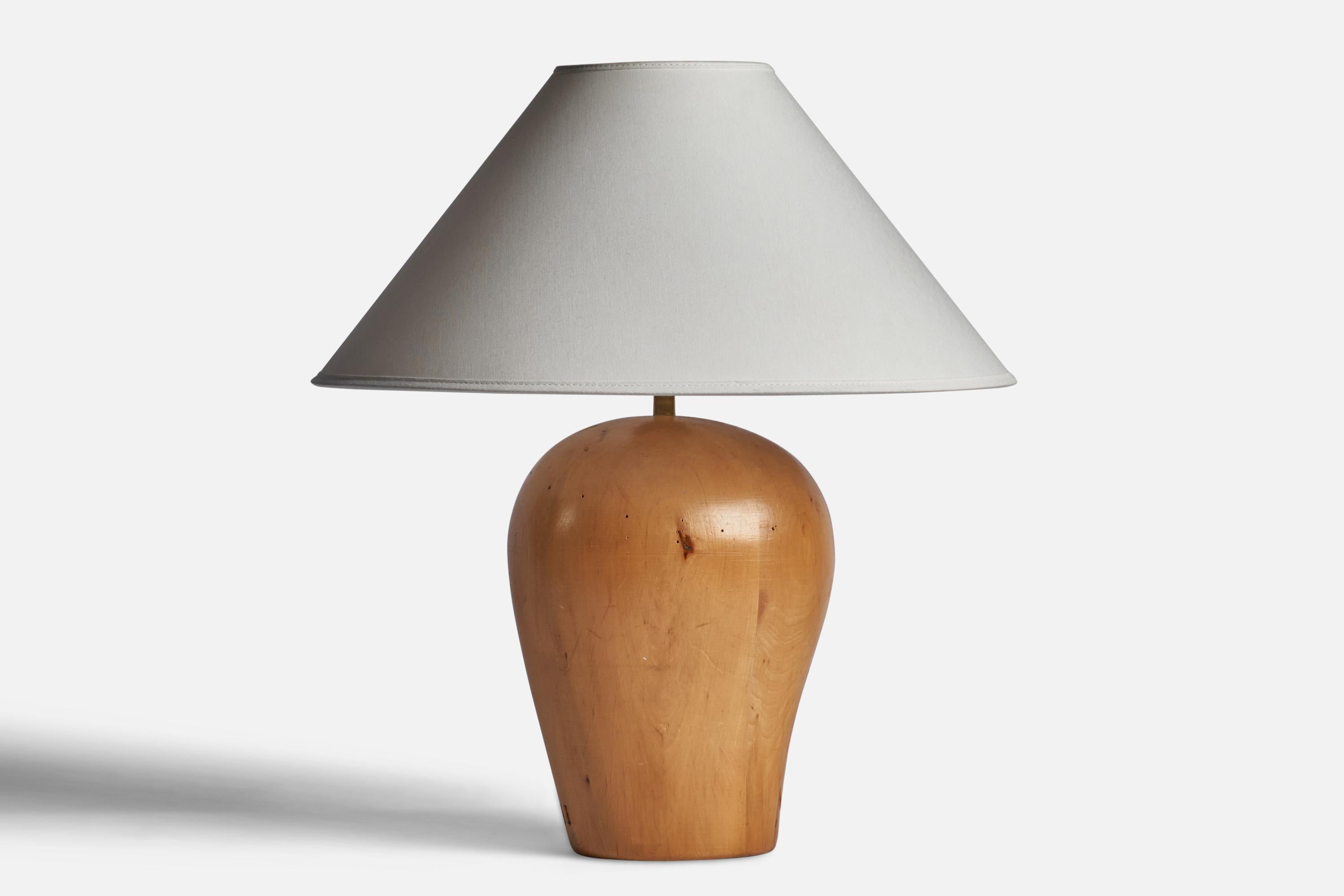 A wood table lamp designed and produced in Sweden, 1940s.

Dimensions of Lamp (inches): 13” H x 7.5” W x 6” D
Dimensions of Shade (inches): 4.5” Top Diameter x 15.75” Bottom Diameter x 9” H
Dimensions of Lamp with Shade (inches): 18.25” H x 15.75”