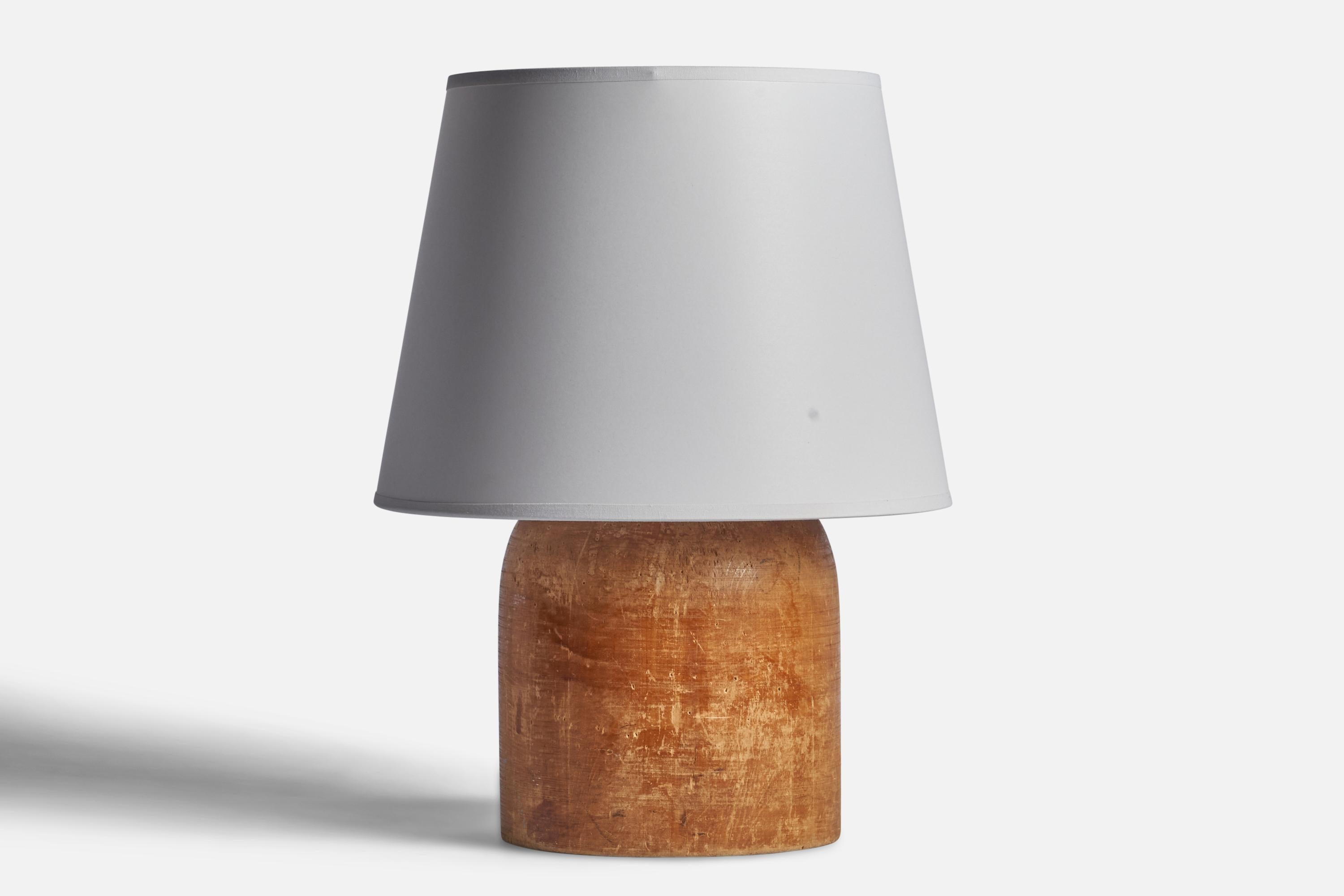 A wood table lamp designed and produced in Sweden, 1940s.

Dimensions of Lamp (inches): 11.5” H x 4.75” Diameter
Dimensions of Shade (inches): 8.75” Top Diameter x 12” Bottom Diameter x 9” H 
Dimensions of Lamp with Shade (inches): 17.5” H x 12”
