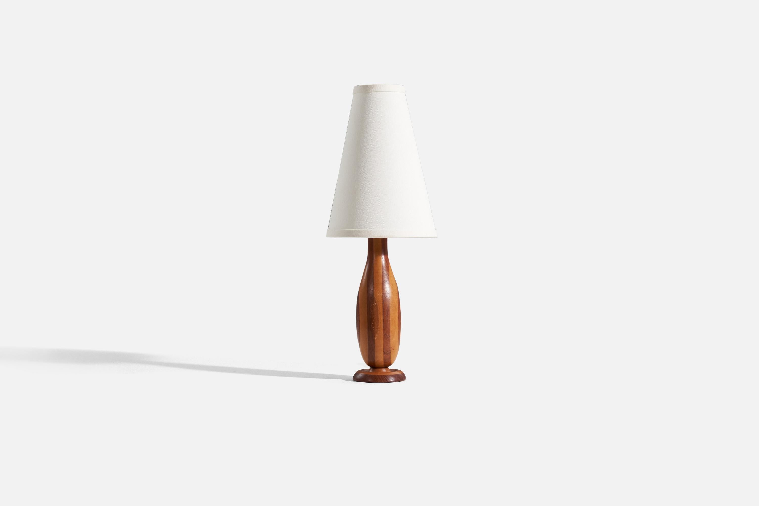 A wood table lamp, designed and produced by a Swedish designer, Sweden, 1960s.

Sold without lampshade. 
Dimensions of lamp (inches) : 13.5 x 3.5 x 3.5 (H x W x D).
Dimensions shade (inches) : 3.25 x 7.25 x 10 (T x B x H).
Dimension of lamp