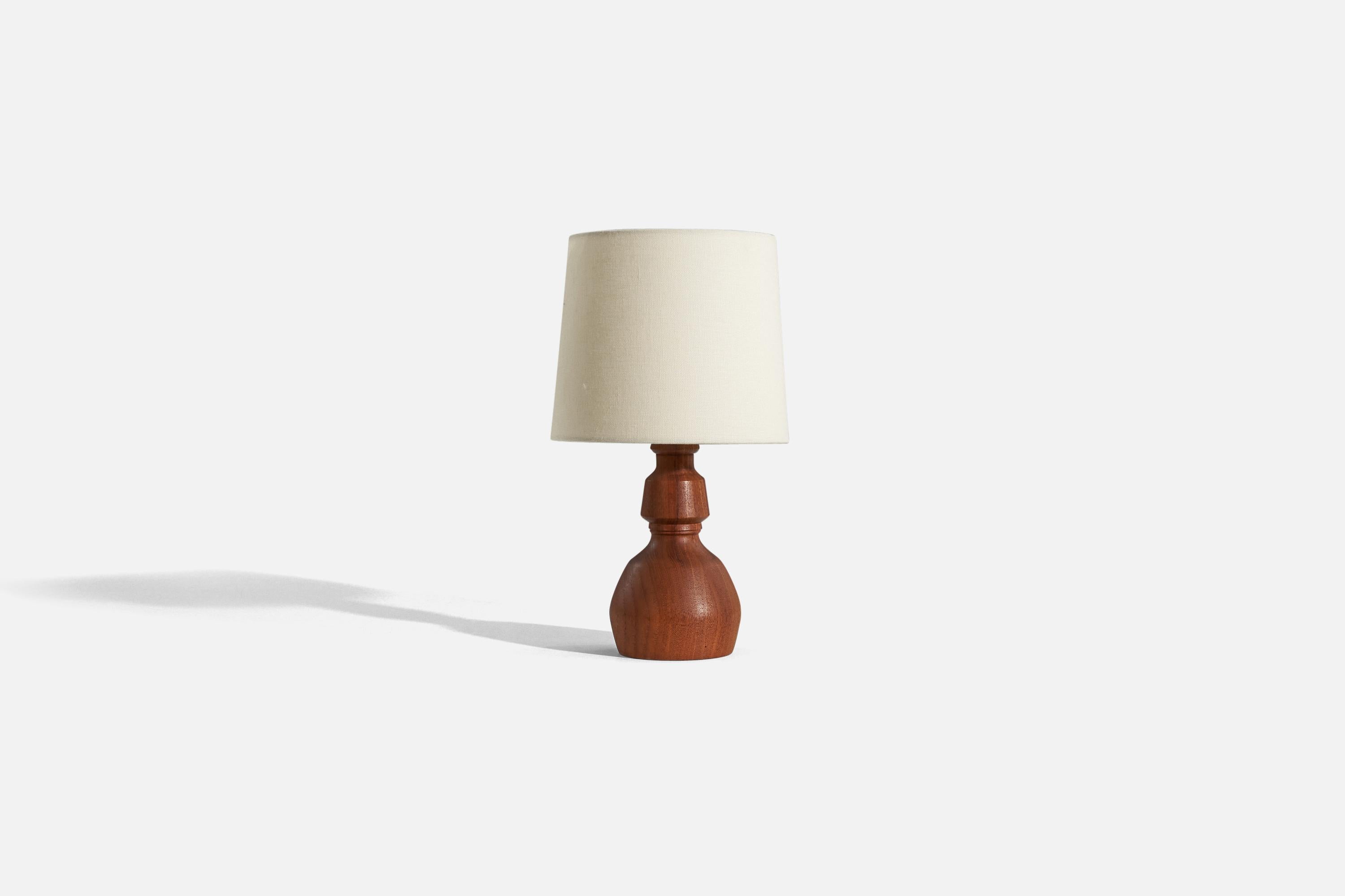 A wooden table lamp designed and produced in Sweden, c. 1970s.

Sold without lampshade. 
Dimensions of Lamp (inches) : 10.1875 x 4.6875 x 4.6875 (H x W x D)
Dimensions of Shade (inches) : 7 x 8 x 7 (T x B x H)
Dimension of Lamp with Shade