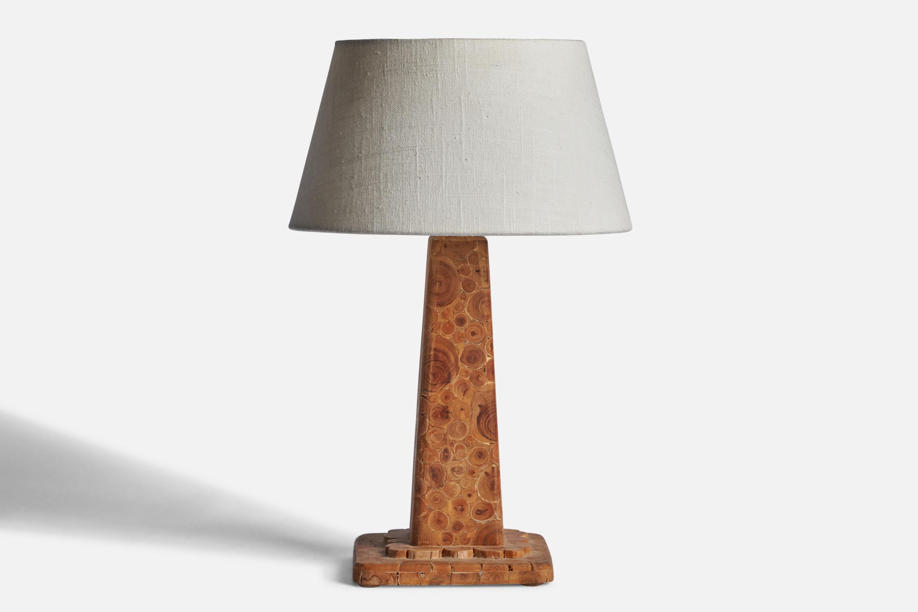 A wood branch veneer table lamp designed and produced in Sweden, dated 1974.

Dimensions of Lamp (inches): 12.5” H x 5.75” Diameter
Dimensions of Shade (inches): 7” Top Diameter x 10” Bottom Diameter x 5.5” H 
Dimensions of Lamp with Shade (inches):