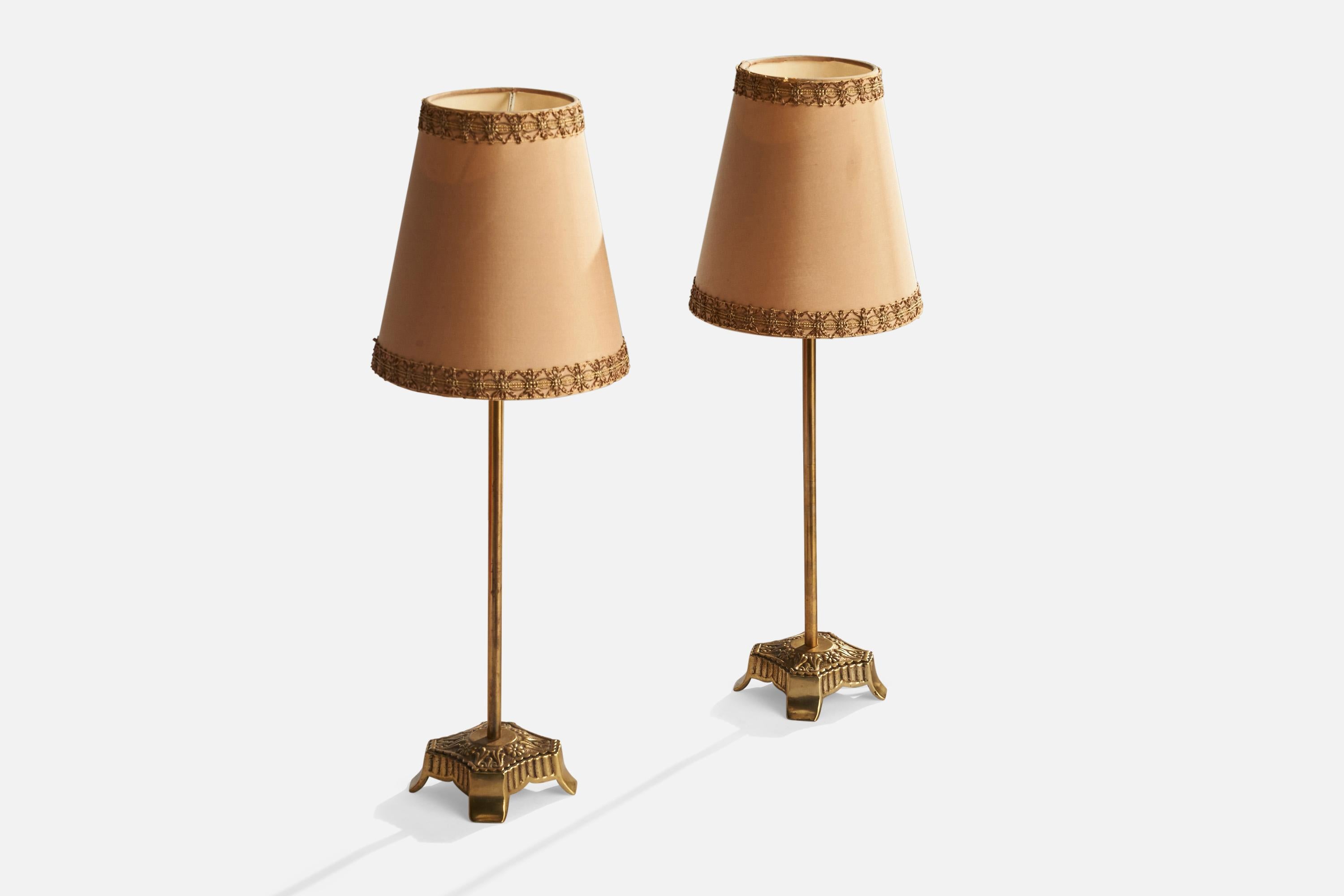 Scandinavian Modern Swedish Designer, Table Lamps, Brass, Fabric, Sweden, 1940s For Sale