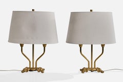 Schwedische Designerin, Tischlampen, Messing, Stoff, Schweden, 1950er Jahre
