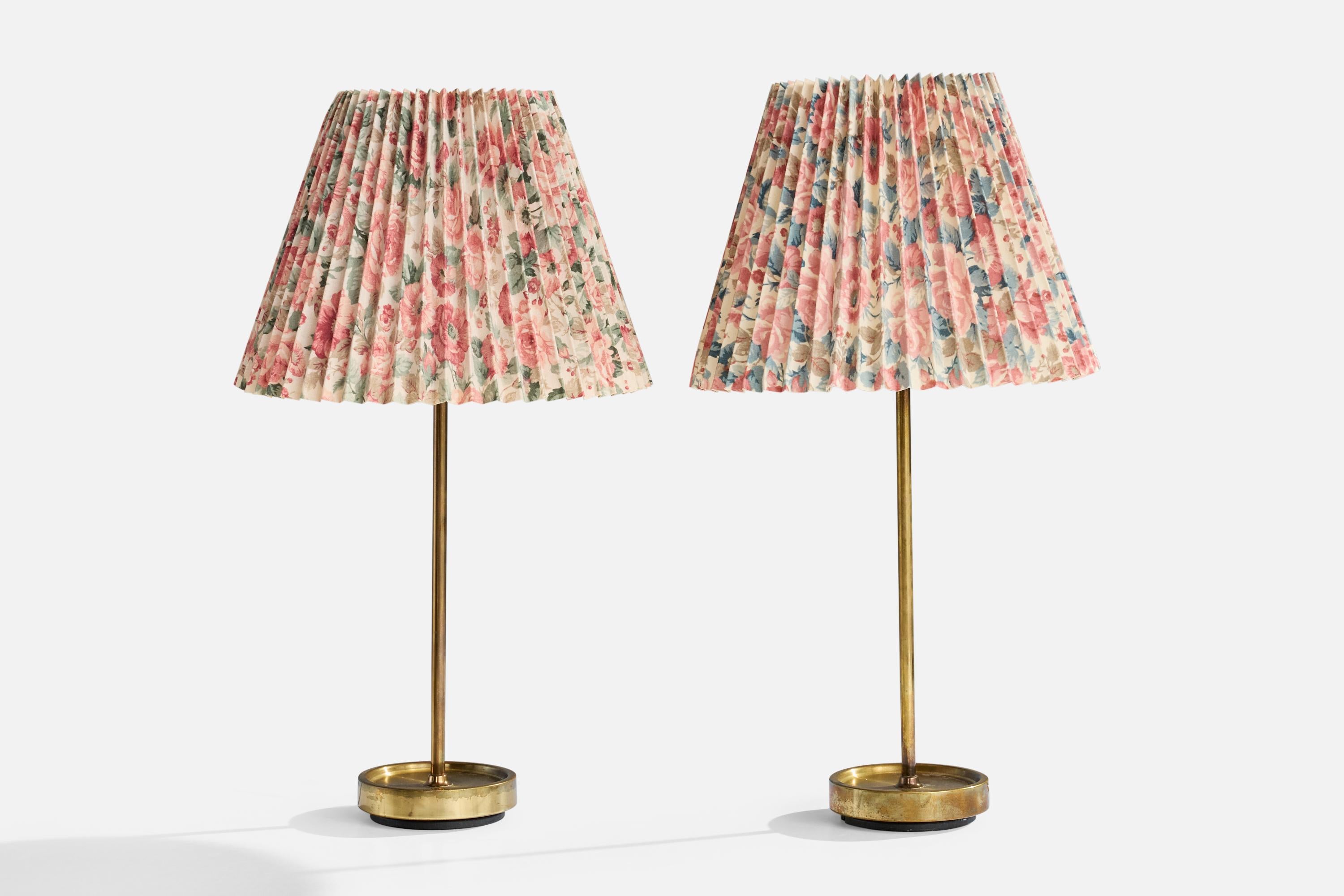A pair of brass and floral-printed fabric table lamps designed and produced in Sweden, c. 1950s.

Overall Dimensions (inches): 19.75