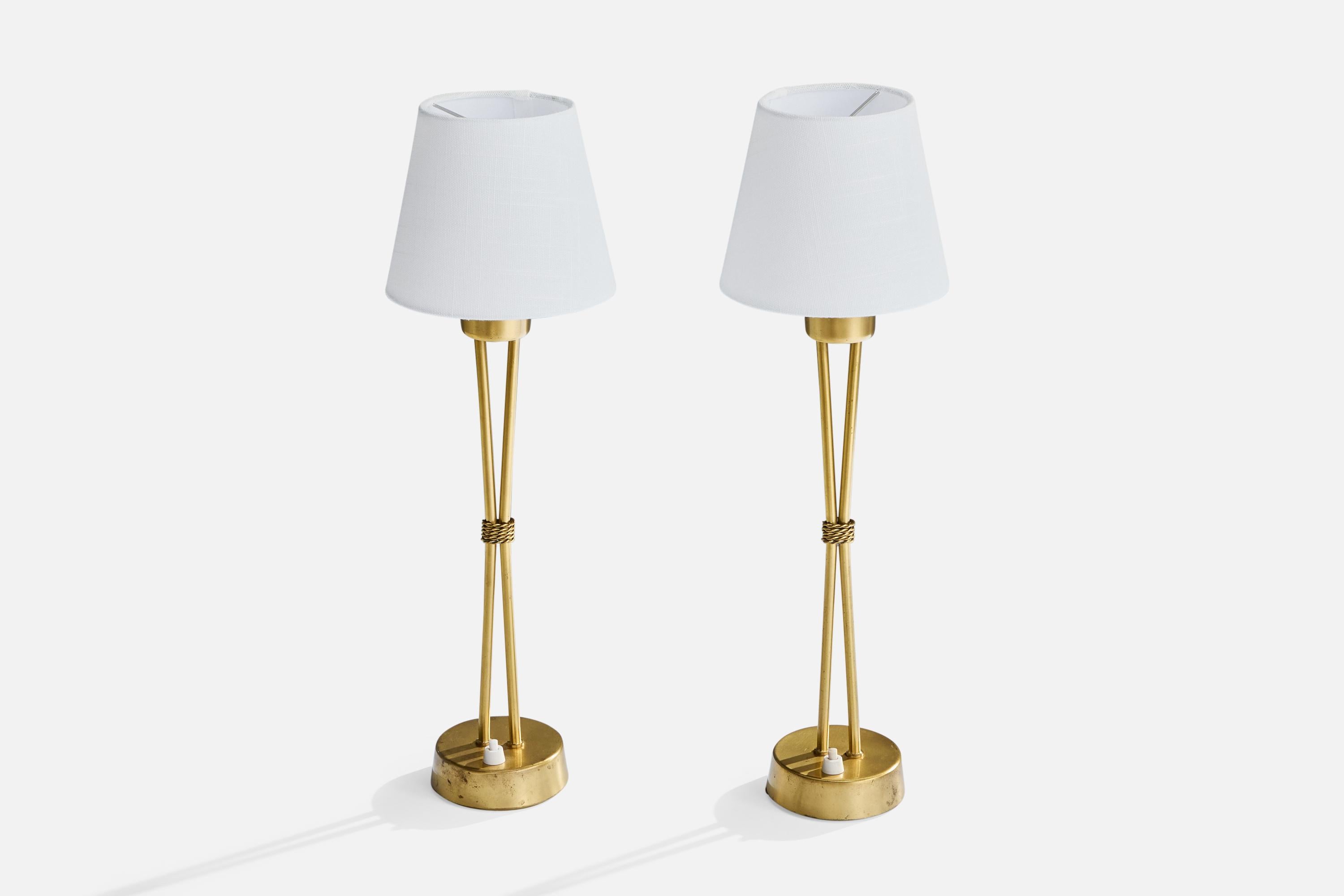 Mid-Century Modern Swedish Designer, Table Lamps, Brass, Fabric, Sweden, 1950s For Sale