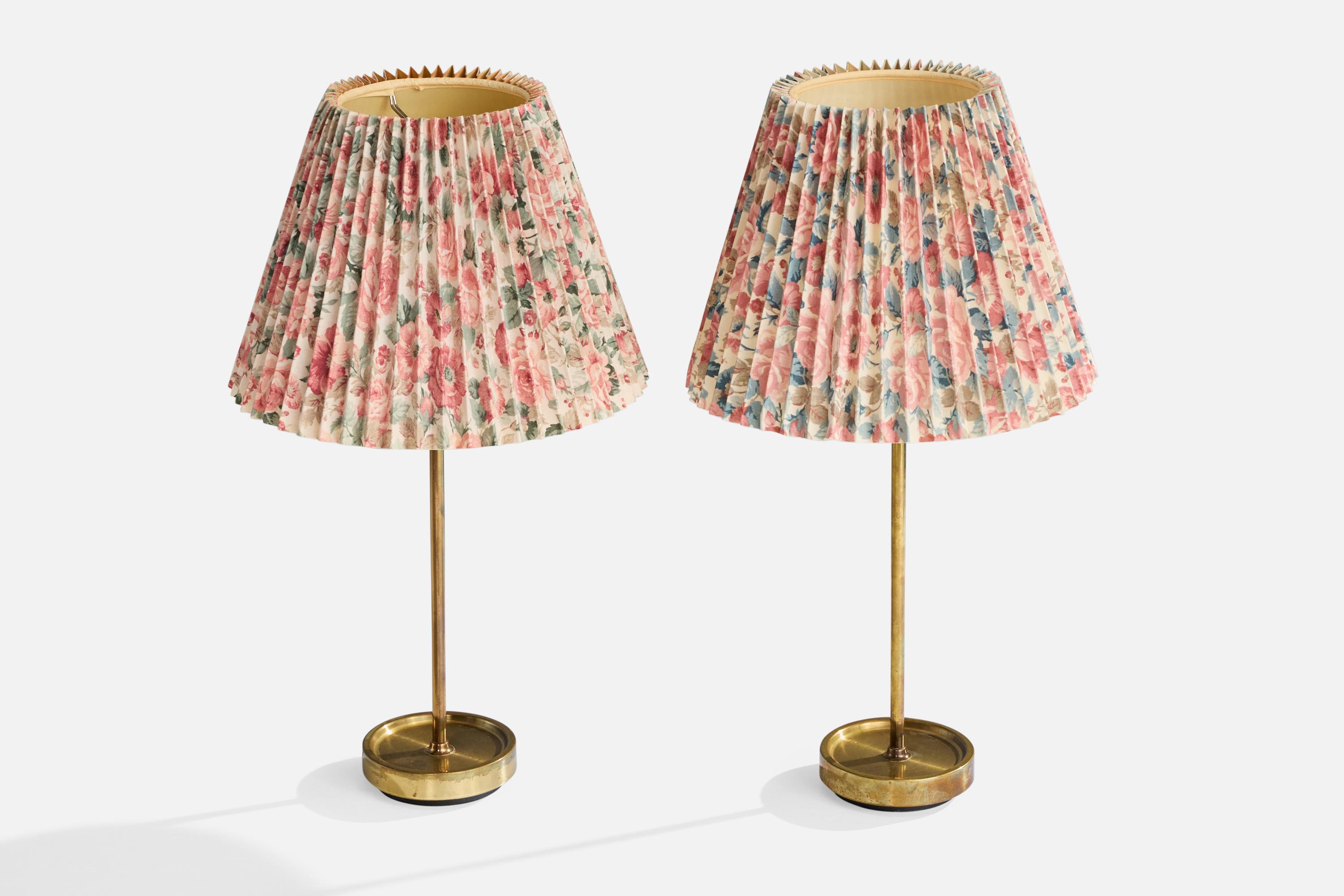 Mid-Century Modern Swedish Designer, Table Lamps, Brass, Fabric, Sweden, 1950s For Sale
