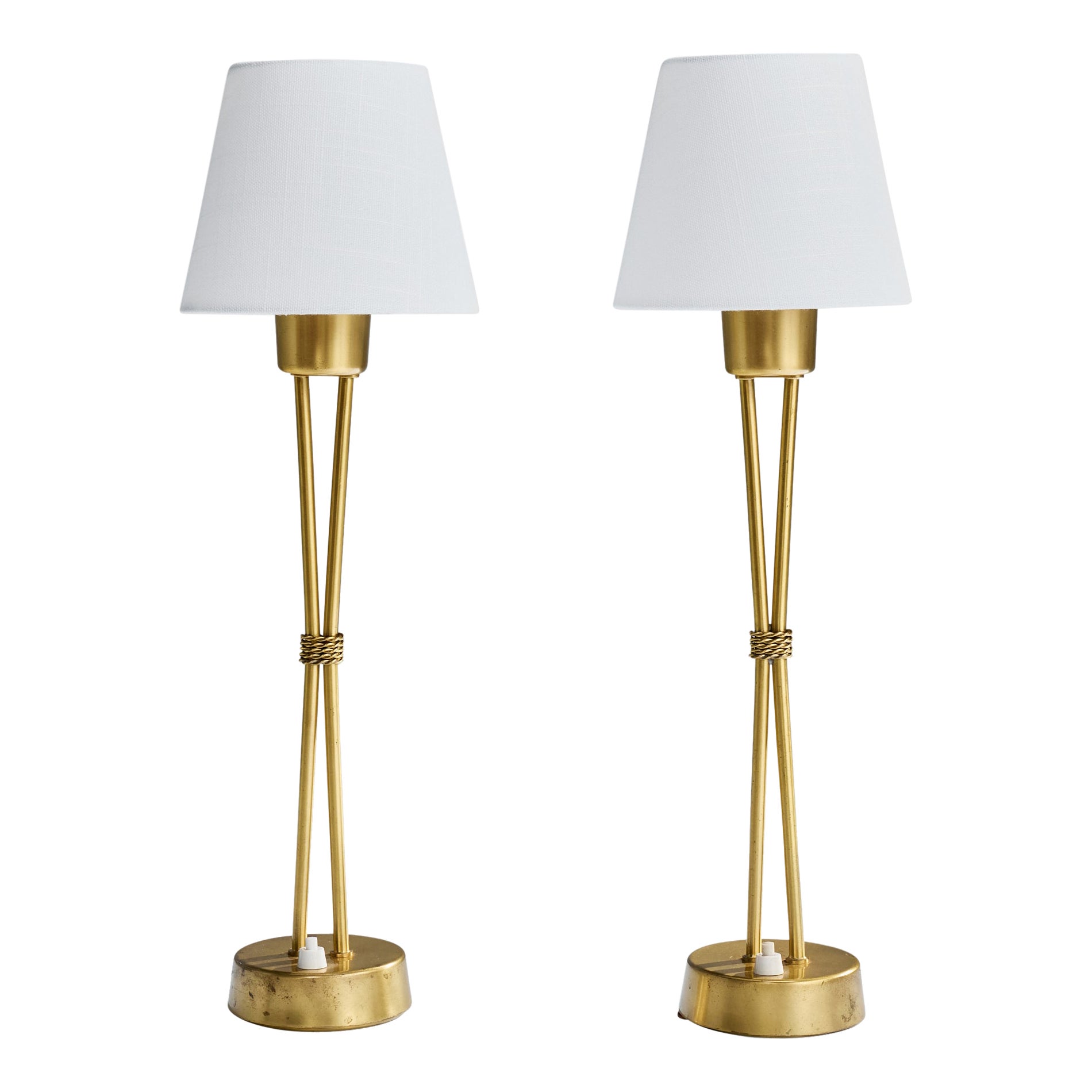 Swedish Designer, Table Lamps, Brass, Fabric, Sweden, 1950s For Sale
