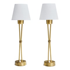 Swedish Designer, Table Lamps, Brass, Fabric, Sweden, 1950s