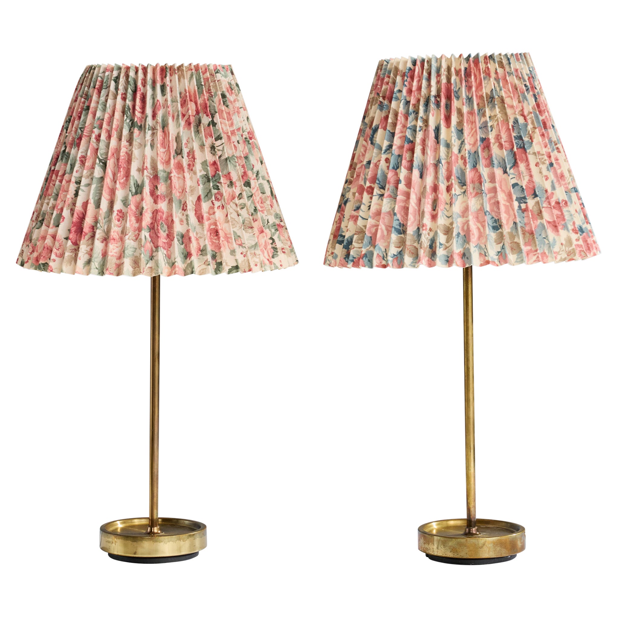 Swedish Designer, Table Lamps, Brass, Fabric, Sweden, 1950s For Sale